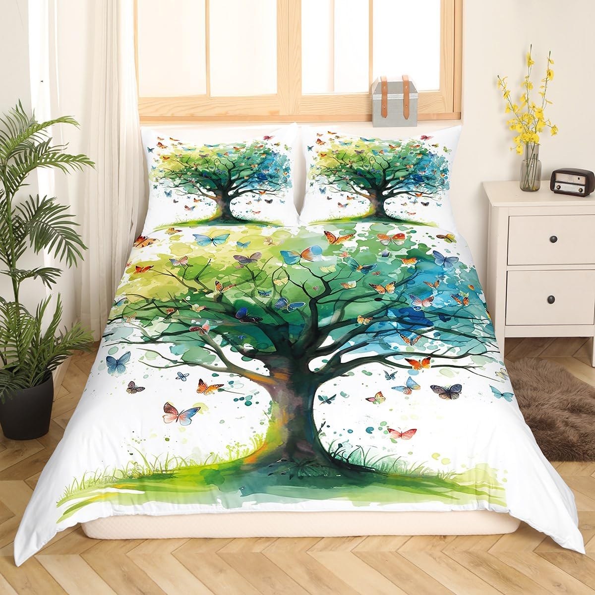 Manfei Life Tree Duvet Cover Toddler Size,Green Tie Dye Bedding Set 2 Pcs for Boys Girls,Watercolor Butterfly Comforter Cover(No Filler),Kids Quilt Cover