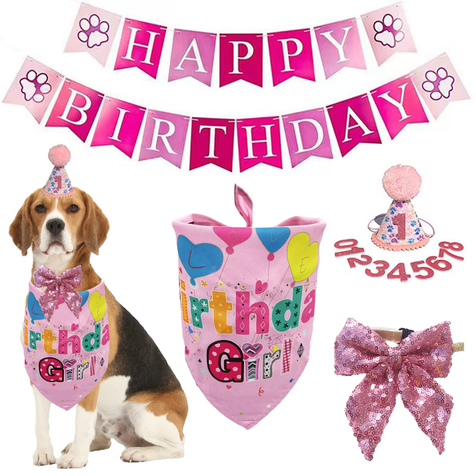 Dog Birthday Bandana Hat Scarf Set, Dog Birthday Party Supplies Dog Bandana Hat with Numbers Scarfs Happy Birthday Banner with Cute Dog Bow Tie Collar Boy Girl Puppy Birthday Hat Scarf for Dog (Pink)