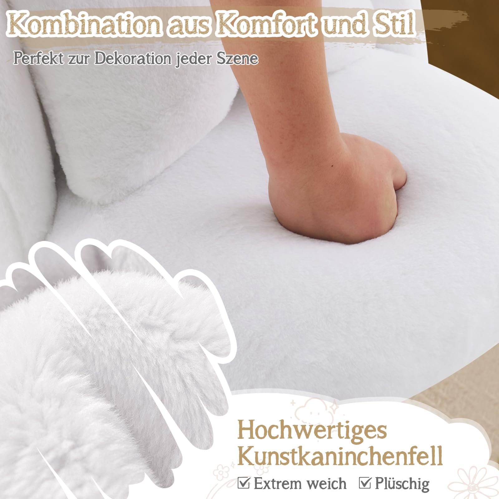 Bonnlo Schminkstuhl, Schminktisch Stuhl, Polstersessel, Kosmetikstuhl mit goldenen Metallbeinen & Schleifenkissen für Schlafzimmer, Wohnzimmer & Homeoffice, 48 x 55 x78,5 cm, Kunstfell, Weiß