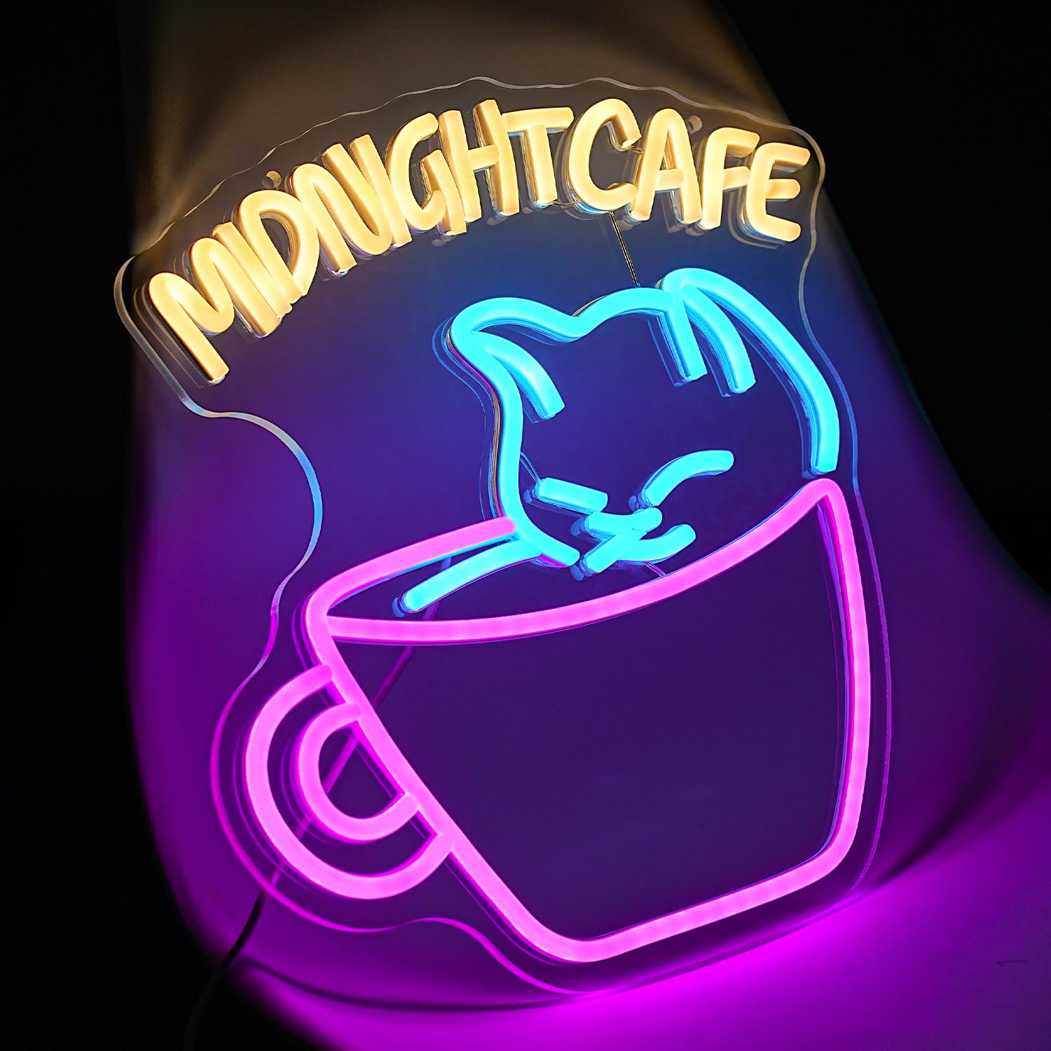 LMSIGNLY Midnight Cafe Neon Sign for Wall Decor Cute Cat Neon Light Dinmmable Cafe Neon Signs Pink Coffee Cup LED Neon Light Signs for Coffee Shop Bakery Dessert Shop Bar Restaurant - Image 2