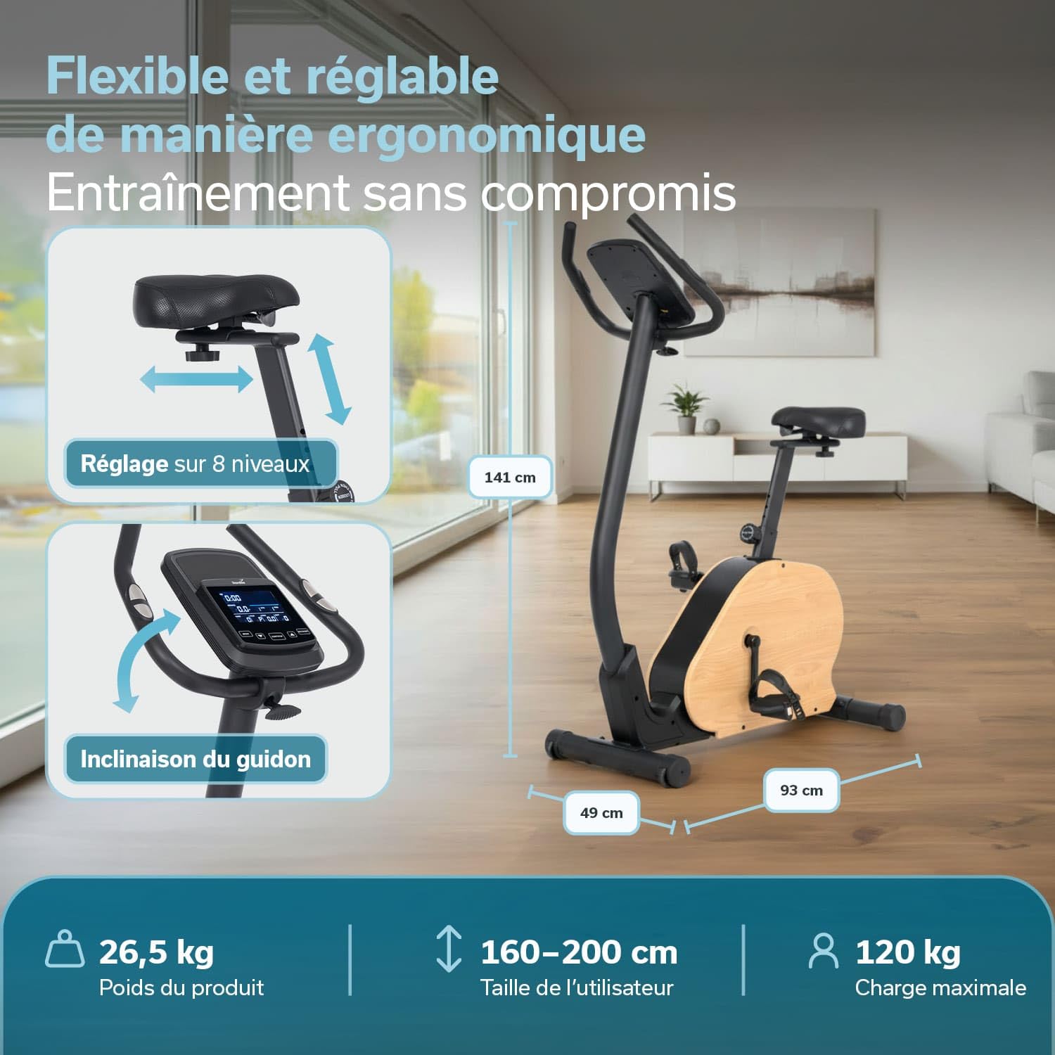 Skandika Vélo d'appartement Treliv P8 | Ergomètre en fer et bois, frein magnétique à 32 niveaux, écran LED, 22 programmes, selle et guidon réglables, compatible avec Kinomap, max 120 KG