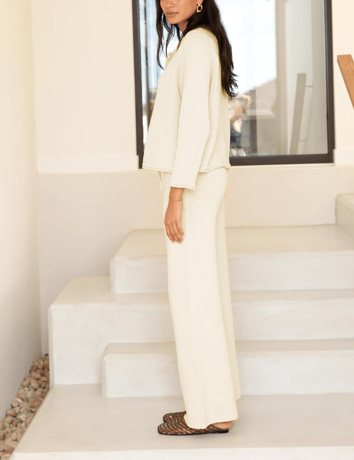 Ynhonra Women’s Knit Lounge Set Button Cardigan Top Wide Leg Pants Relaxed Fit Fall Winter Outfit - Image 4