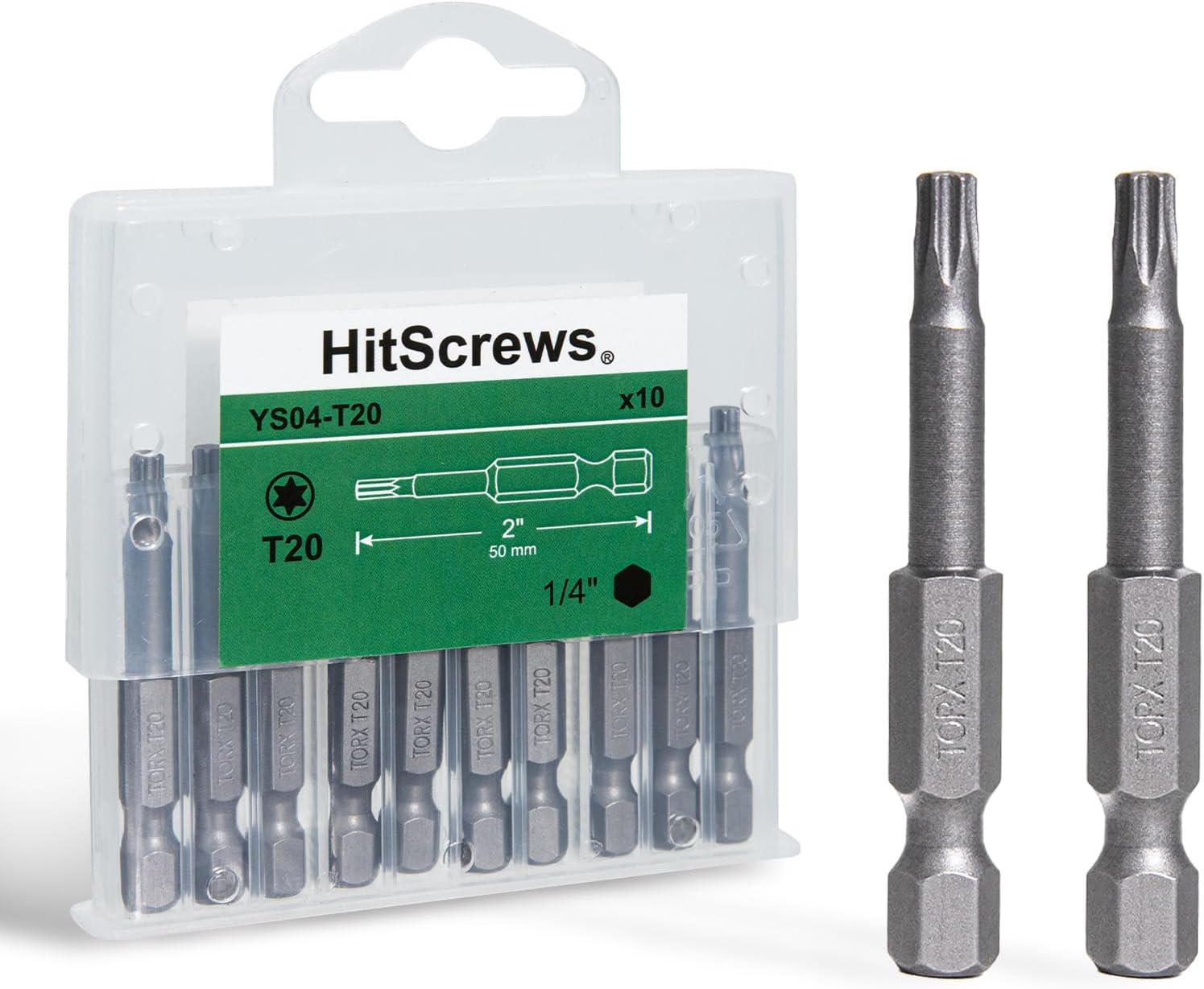 2 Inch T20 Torx Bits, S2 Steel Star Screwdriver Bits, 1/4" Hex Shank, CNC Precision Tips, 10-Pack in Slide-Out Storage Case, Impact Driver/Drill Compatible