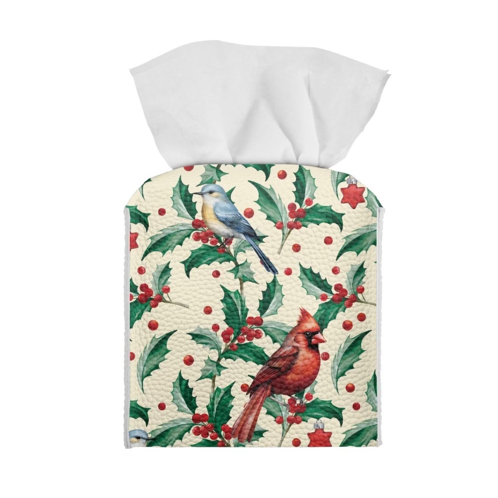 Eheartsgir Christmas Cardinal Thorn Bird Tissue Box Cover with Bottom Belt Modern Style Tissue Box Organizer Waterproof Square Tissue Box Holder, Christmas Home Office Decor