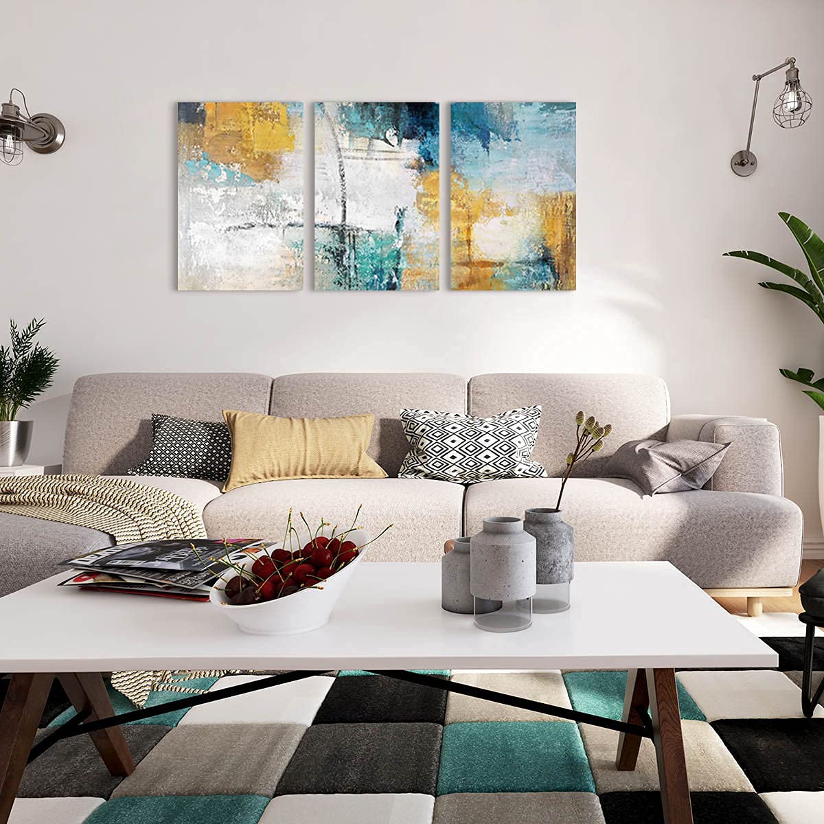 RAMEER Large Wall Art for Living Room Teal Blue Gray Brown Wall Decor