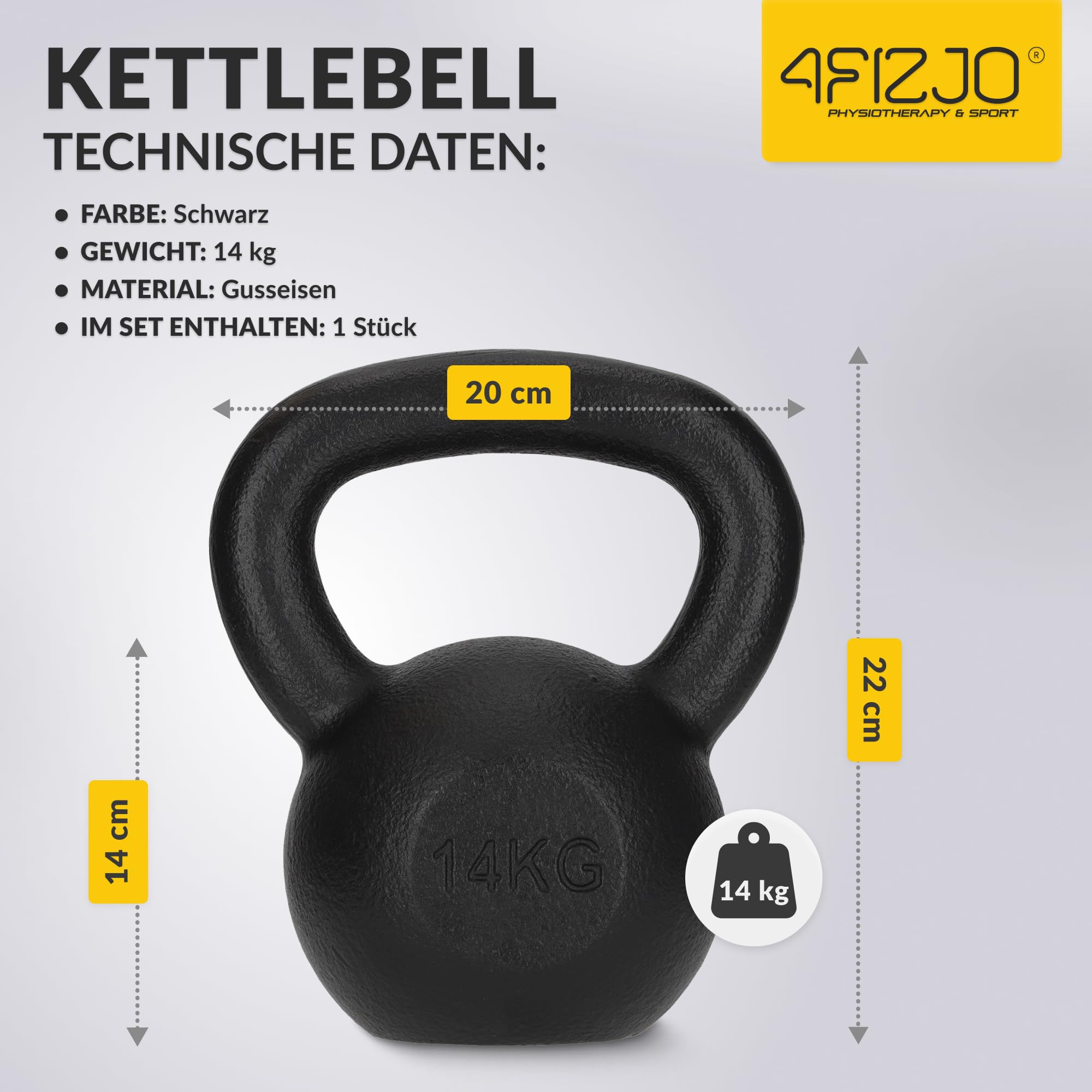 4FIZJO Kettlebell aus Gusseisen, Schwunghantel für Fitness, Kraft und Ausdauertraining, Kugelgewicht, Rundgewichte für Zuhause, Turnhalle, Gewichte Bodenschonende - Kugelhantel, Farbe: Schwarz