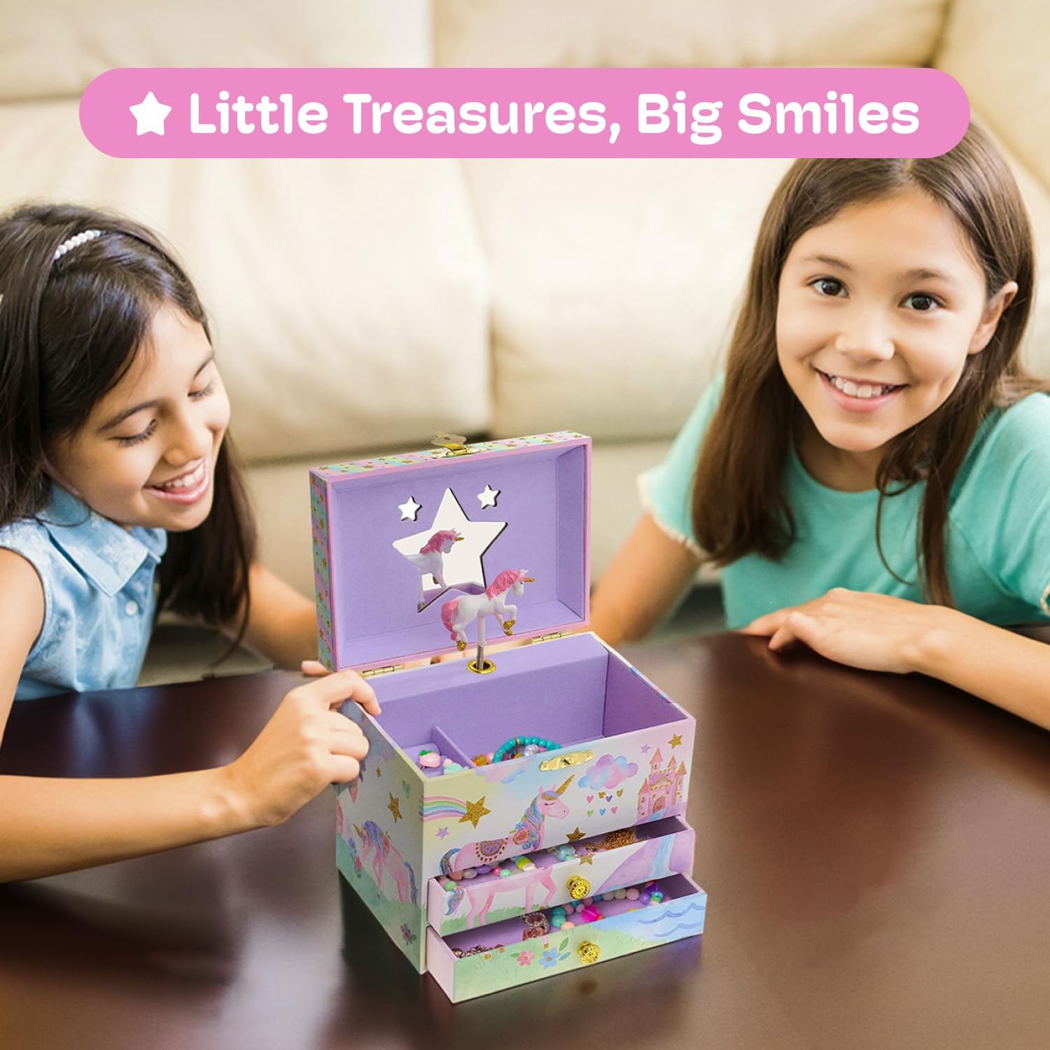 Jewelkeeper Enchanting Unicorn Musical Jewelry Box for Girls - Sparkling Rainbow Design Music Box with 2 Pullout Drawers to Store Earrings, Necklace and Bracelets - Plays The Beautiful Dreamer Tune