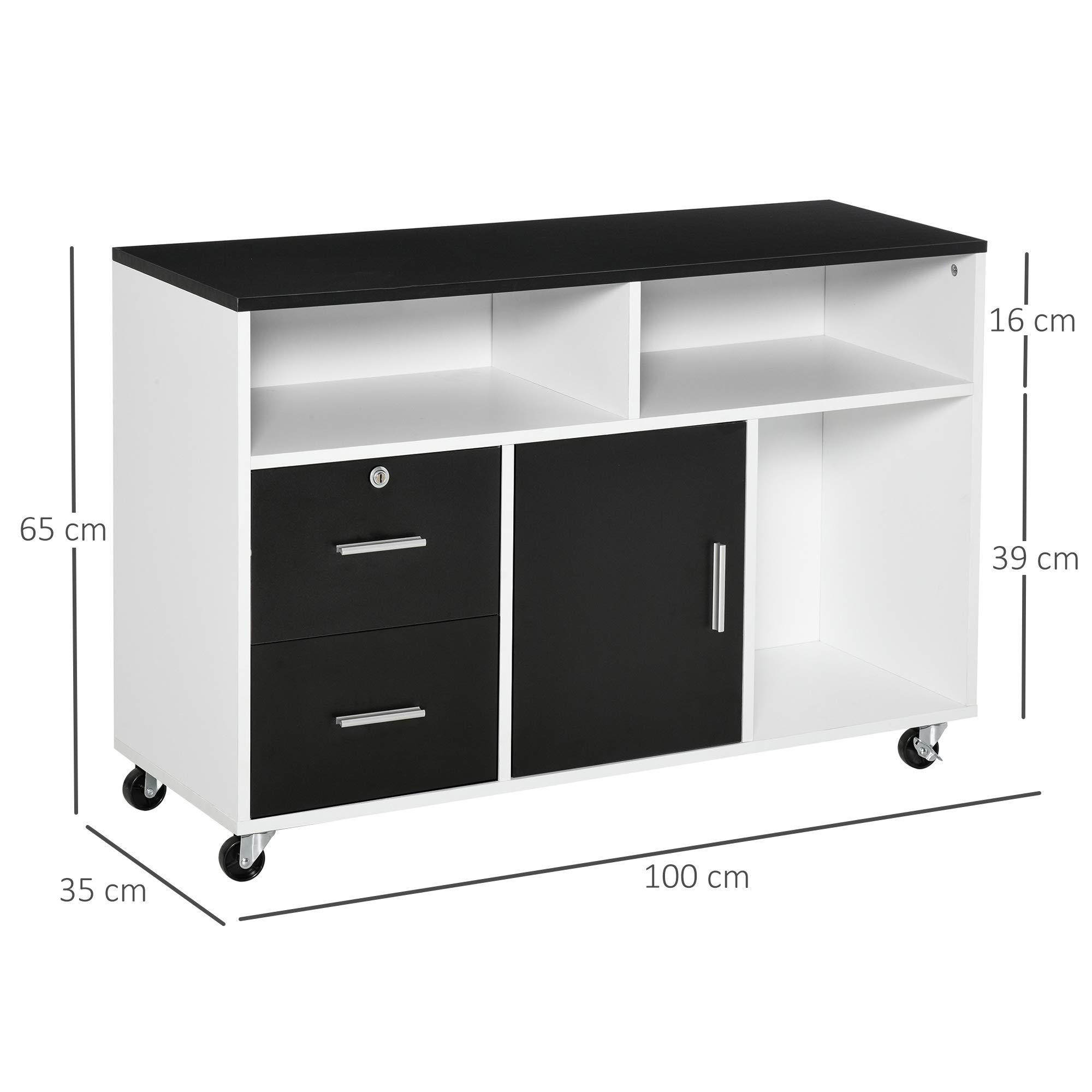 HOMCOM Mobile Porta Stampante a Rotelle con 2 Cassetti Chiudibile a Chiave, 3 Ripiani e Armadietto, Mobile Stampante per Documenti da Ufficio e Studio, 100x35x65 cm, Nero e Bianco