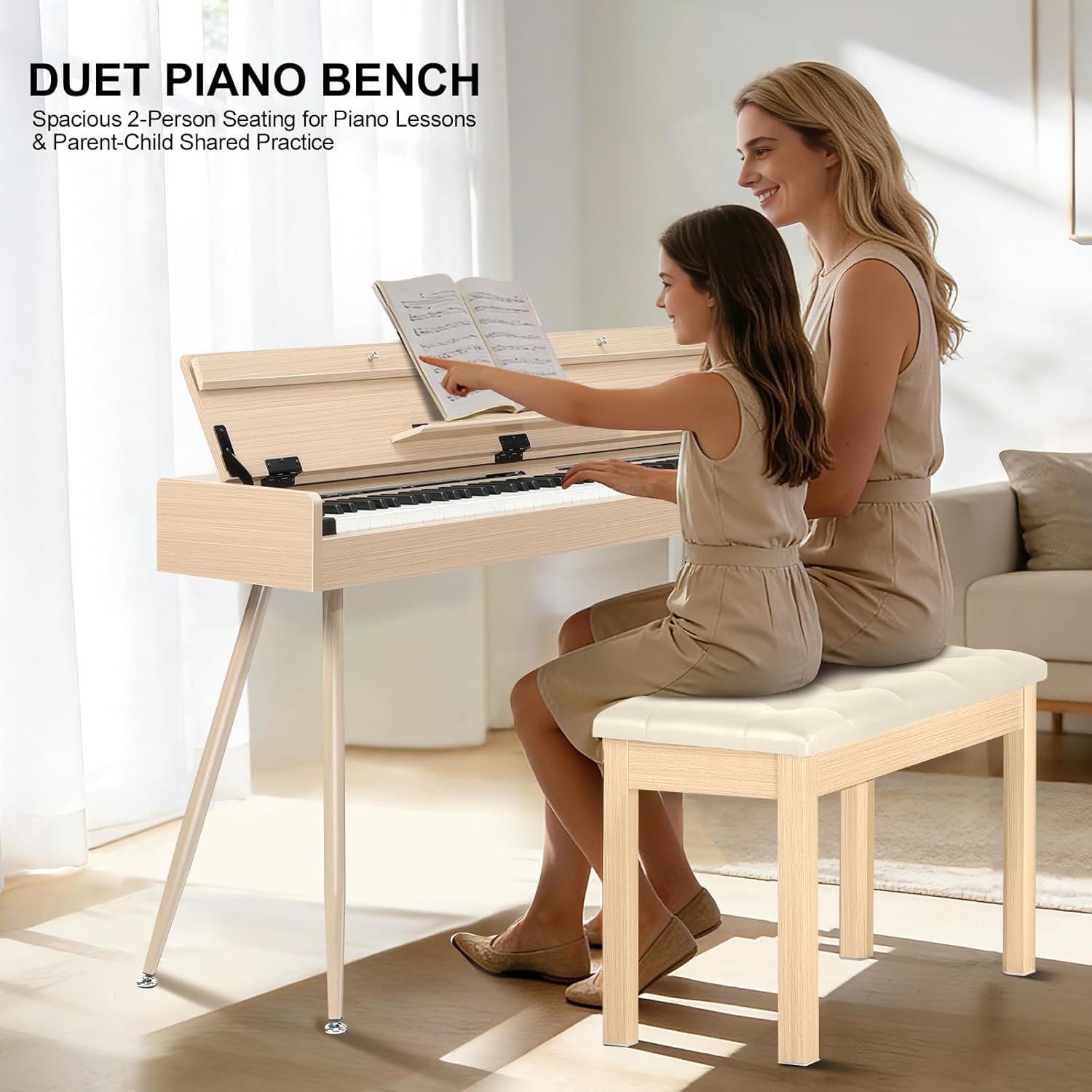 Duet Piano Bench with Storage - Wooden Solid Wood Piano Bench, Tufted Padded Keyboard Bench, Piano Stool & Piano Chair Seat Vanity Stool, Duet Double Piano Seat (Apricot)