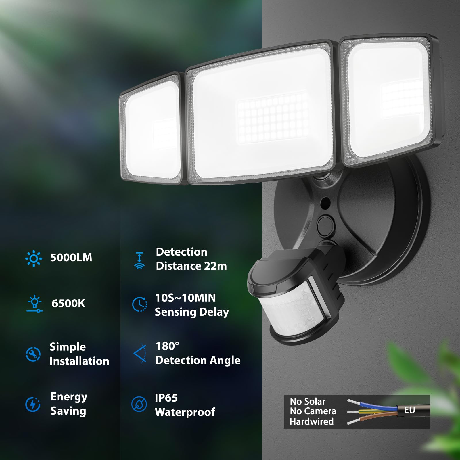 Onforu LED Strahler mit Bewegungsmelder Außen 55W 5000 LM 3 Köpfe 6500K Kaltweiß IP65 Flutlicht