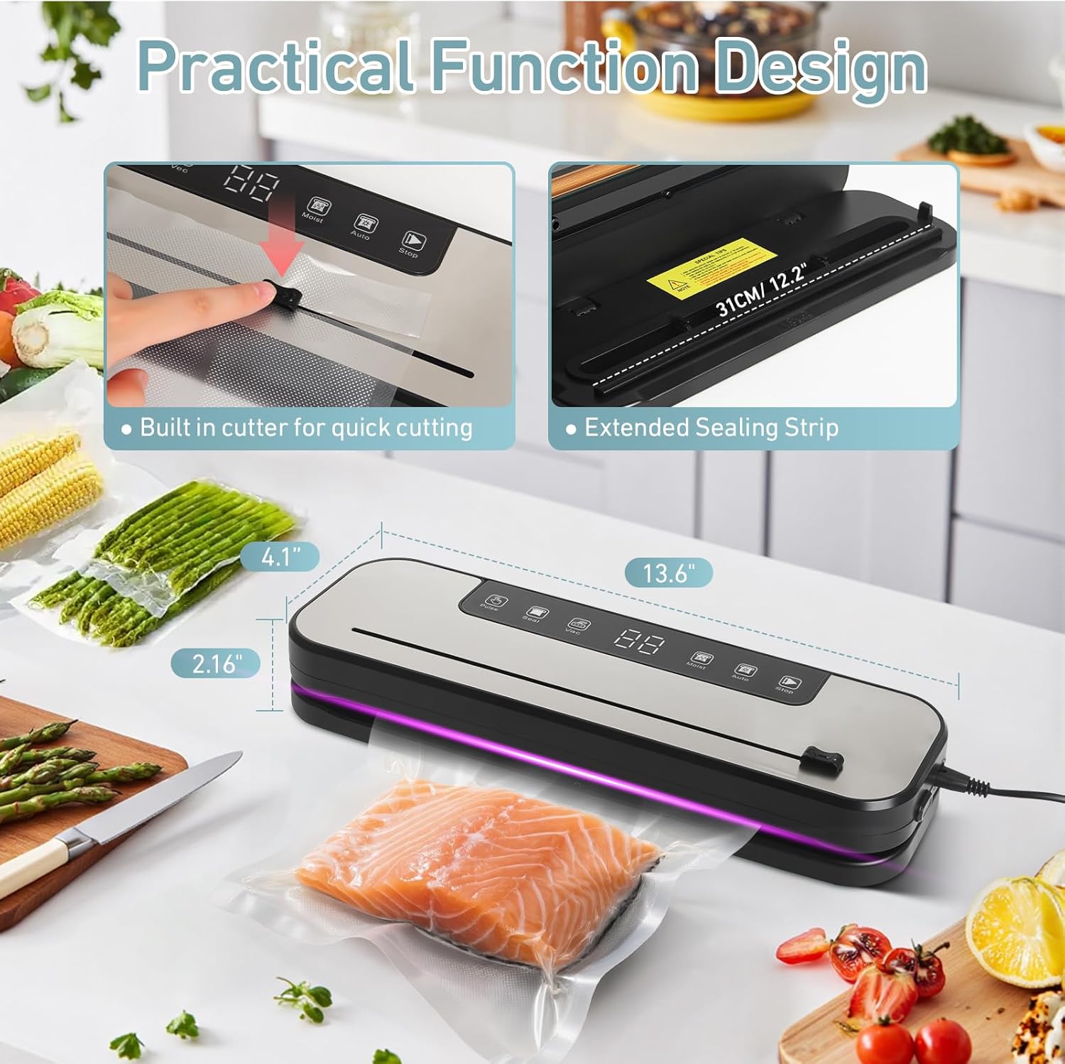 Vacuum Sealer for Food, 6-in-1 Food Sealer Machine 75Kpa for Dry and Moist, Automatic Vacuum Sealing with Built-in Cutter & 30 Vacuum Bags - Image 6