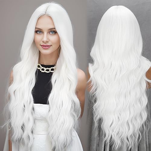 Miniatura 11 de Peluca larga ondulada marrón degradado para mujer, de 26 pulgadas, raya en medio, pelucas de aspecto natural, fibra sintética resistente al calor