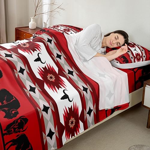 Miniatura 3 de Juego de sábanas aztecas, tamaño King, de vaca de las tierras altas, vaquera, vaquera, toro, ganado, suroeste, nativo, geometría, tribu, animales de