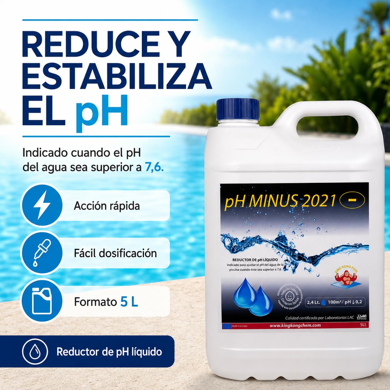 Pack 2 UDS Minorador de pH para Piscinas Compatible Poliester/Liner y electrólisis - PH Minus 10 L (2x5 litros) - Reduce el pH del Agua – Formato Líquido