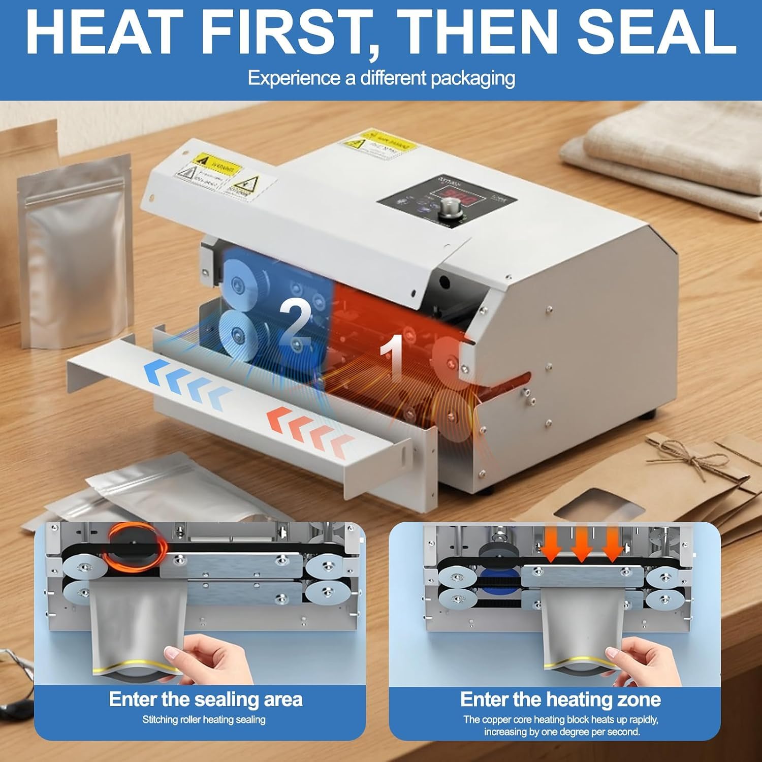 Machine De Scellage Automatique, Scelleuse Thermique De Qualité Industrielle, avec Molette Dimpression, Température Et Vitesse Réglables, Machine De Scellage Horizontale pour Différents Types
