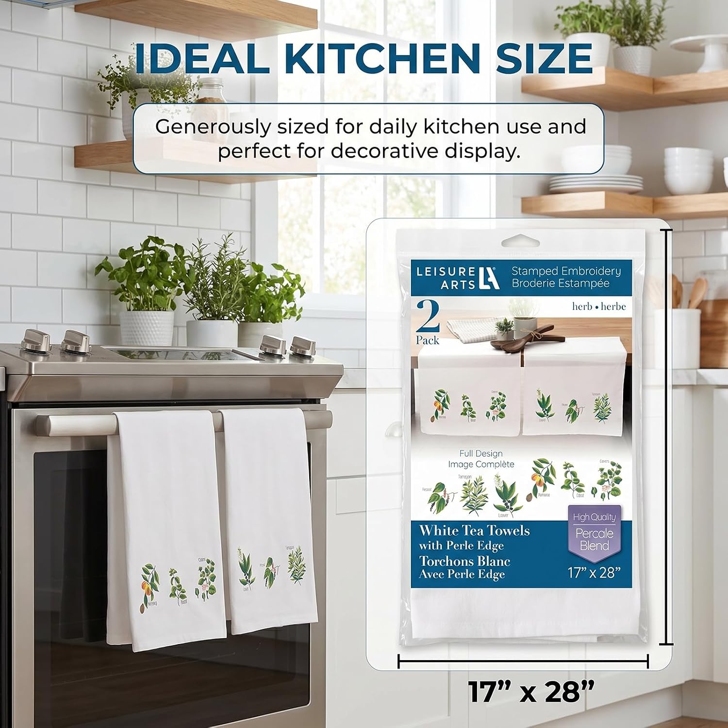 LEISURE ARTS Stamped Tea Towel with Perle Edge, Herb Garden, 2 Pack, 17x28 Inch, Percale Stamped Embroidery Fabric, DMC Anchor Coats Floss Guide
