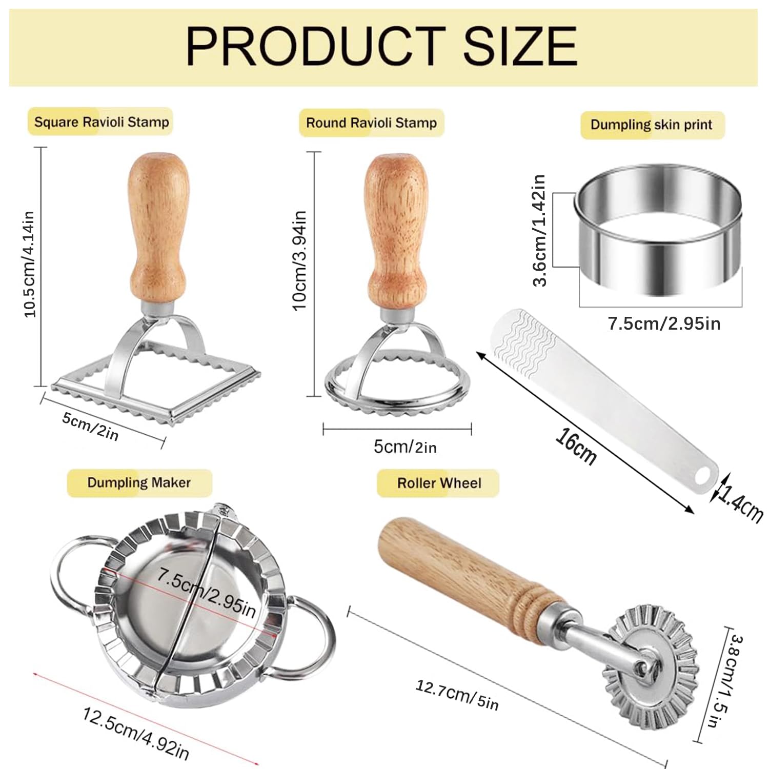 Raviolimesser-Set (6er-Set) Mit Knödelformer Aus Edelstahl Und Teigrad. Aus Hochwertigem Eichenholz Und Edelstahl. Ideal Für Ravioli,Polnische Knödel,Nudeln Und Mehr