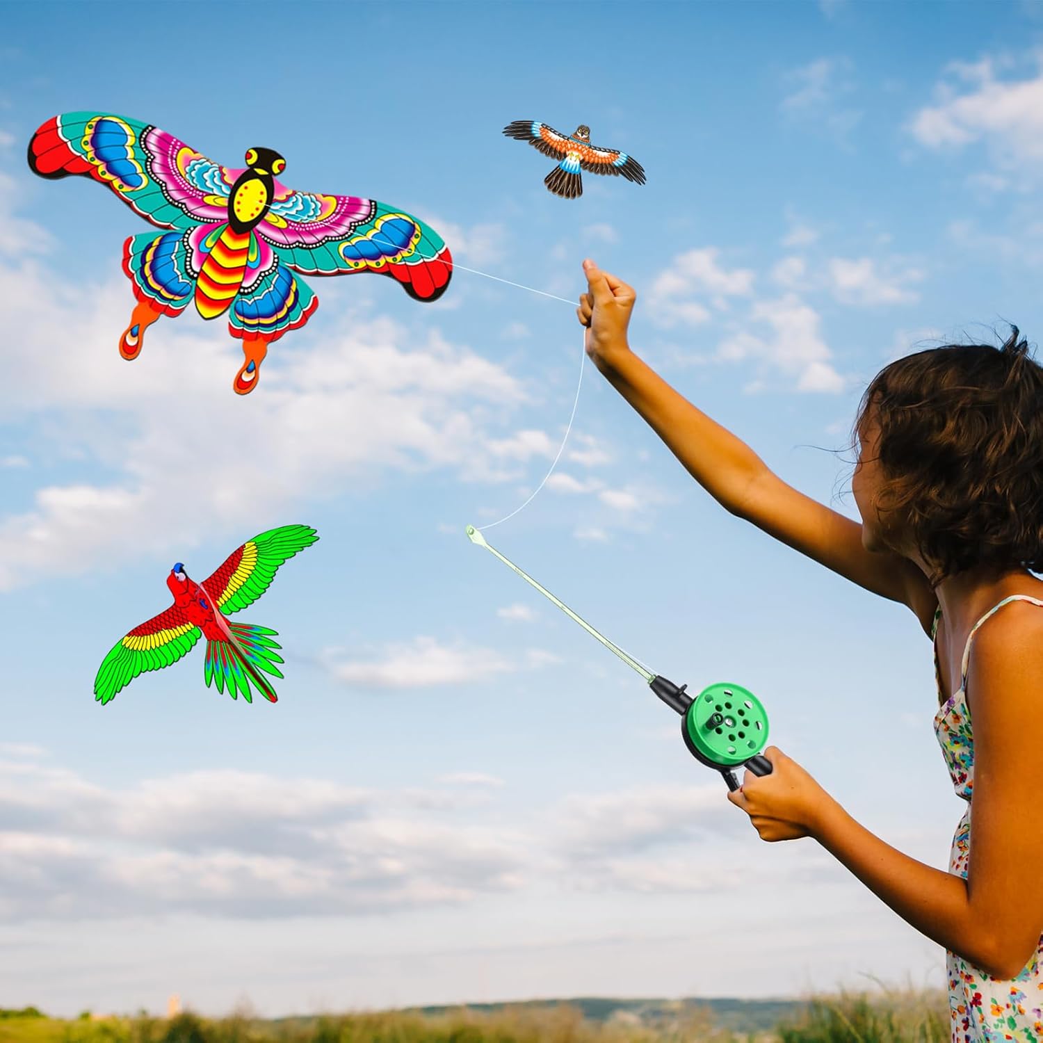 Simgoing 8 Pcs Mini Fishing Rod Kite for Kids Ages 4-8 8-12, Butterfly Swallow Parrot, Easy to Fly, Goldfish Eagle Kites for Adults Family in Spring Outdoor Beach Team Building, 13.78"