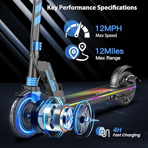 Miniatura 2 de Patín eléctrico para niños, motor de 180W, 12 MPH y rango de 12 millas, patín plegable con arranque seguro no cero, frenos duales, carga máxima de