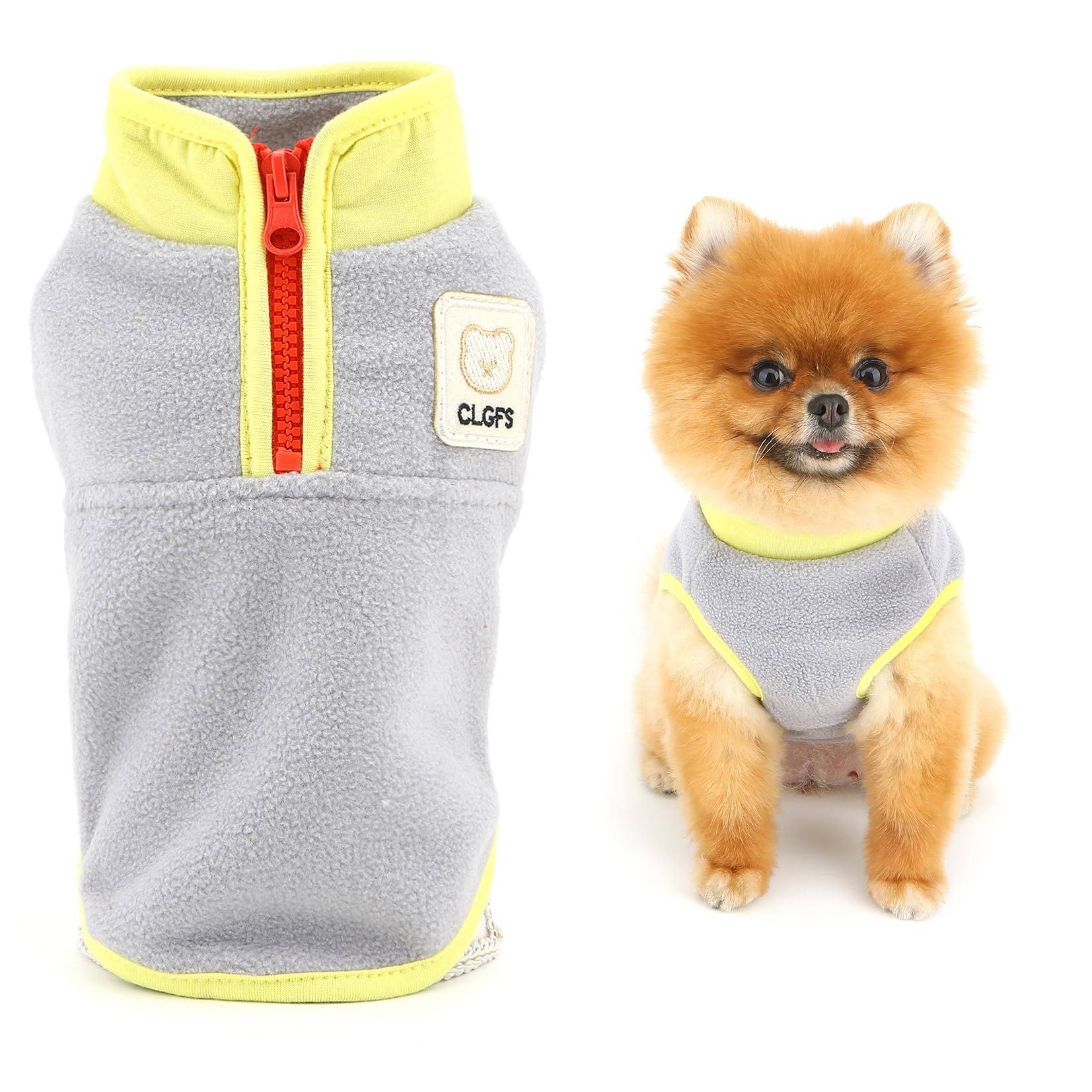 SMALLLEE_LUCKY_STORE Fuzzy Fleece Dog Jumper for Extra Small Dogs, Colorblock Warm Puppy Vest Sweater with Half Zipper and Cute Patch Cozy Turtleneck Winter Fall Chihuahua Yorkshire Clothes Gray S