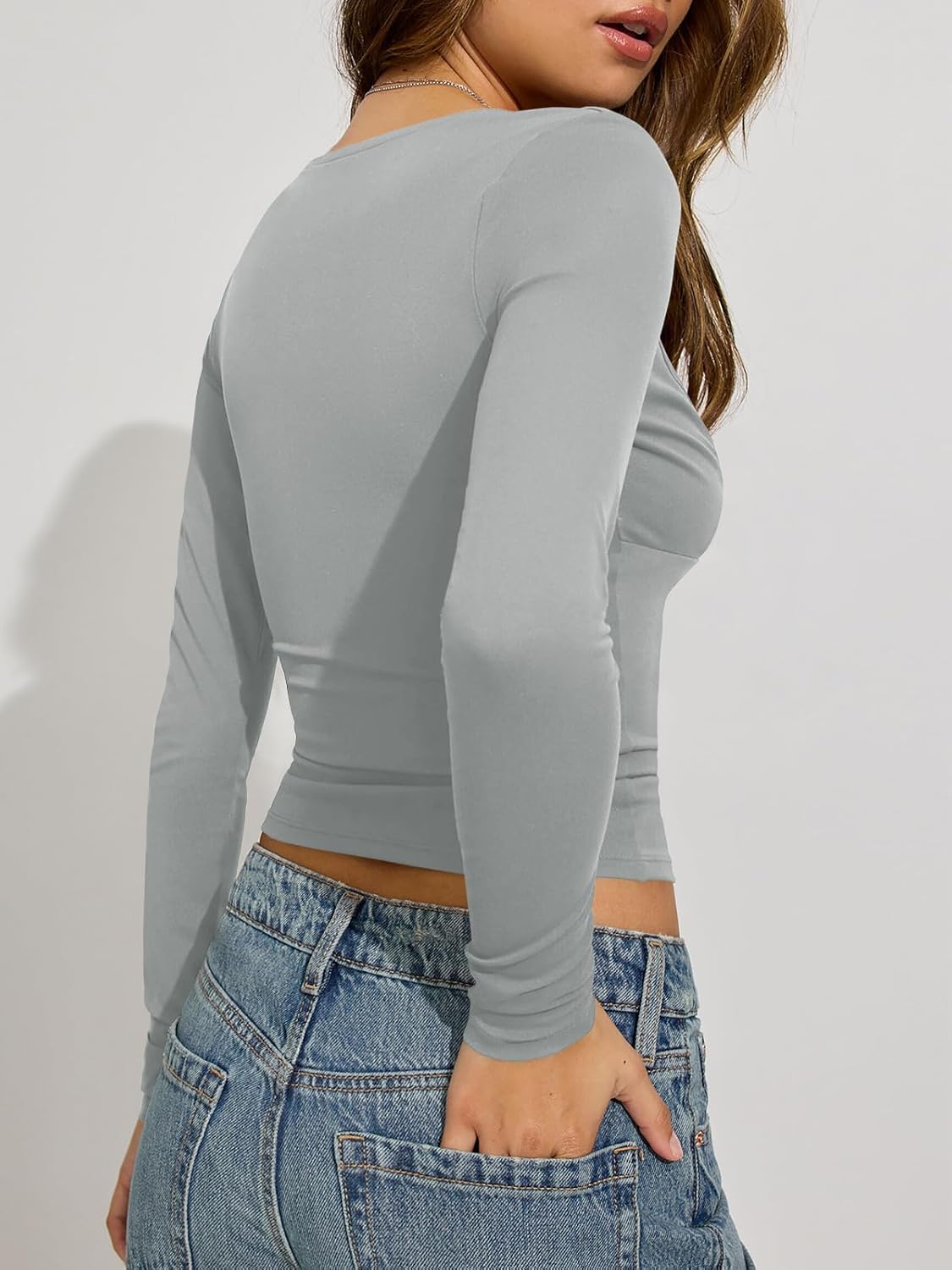 Tankaneo Women's Deep V Neck T Shirts Sexy Long Sleeve Casual Going Out Cropped Tops Slim Fitted Y2K Outfits - Image 4