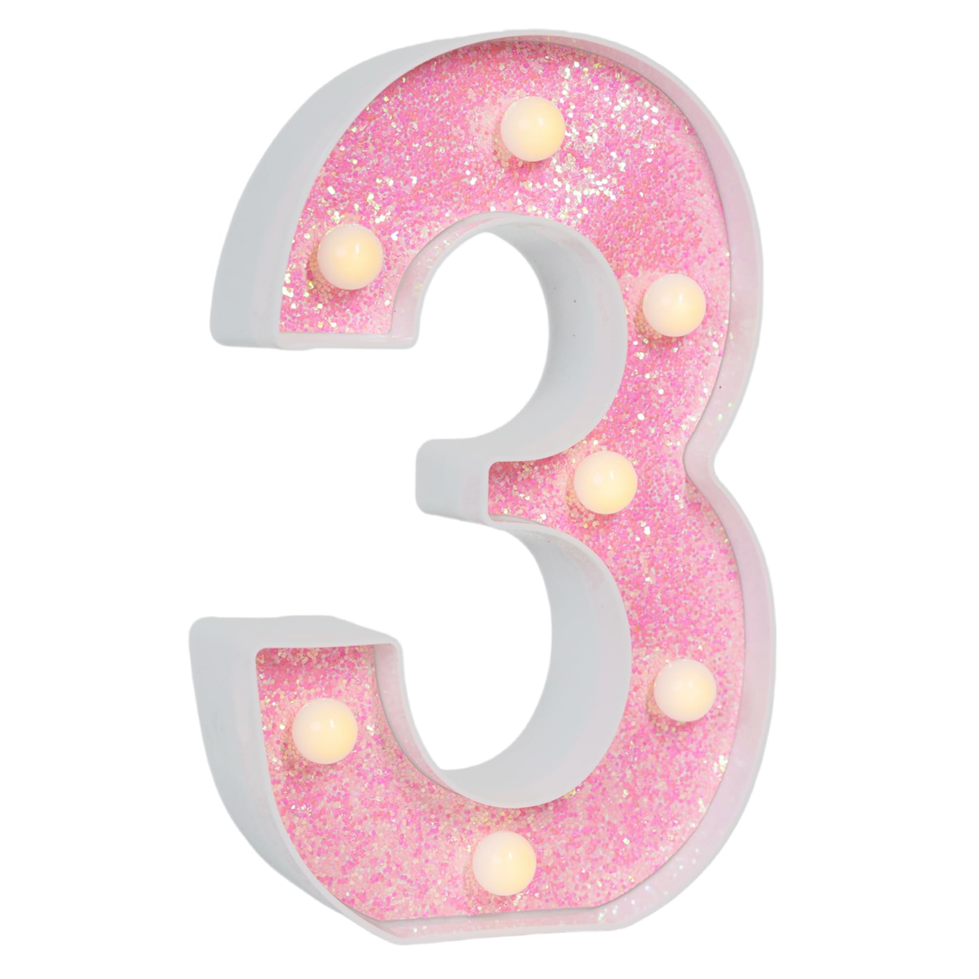 EUFONY Pink Glitter Marquee Light Up Numbers, LED Number Lights Battery Operated for Girls 3rd 13th Pink Birthday Party Table Decorations, Wall Decor for Girls Bedroom, Number 3 Sign Warm White Lights