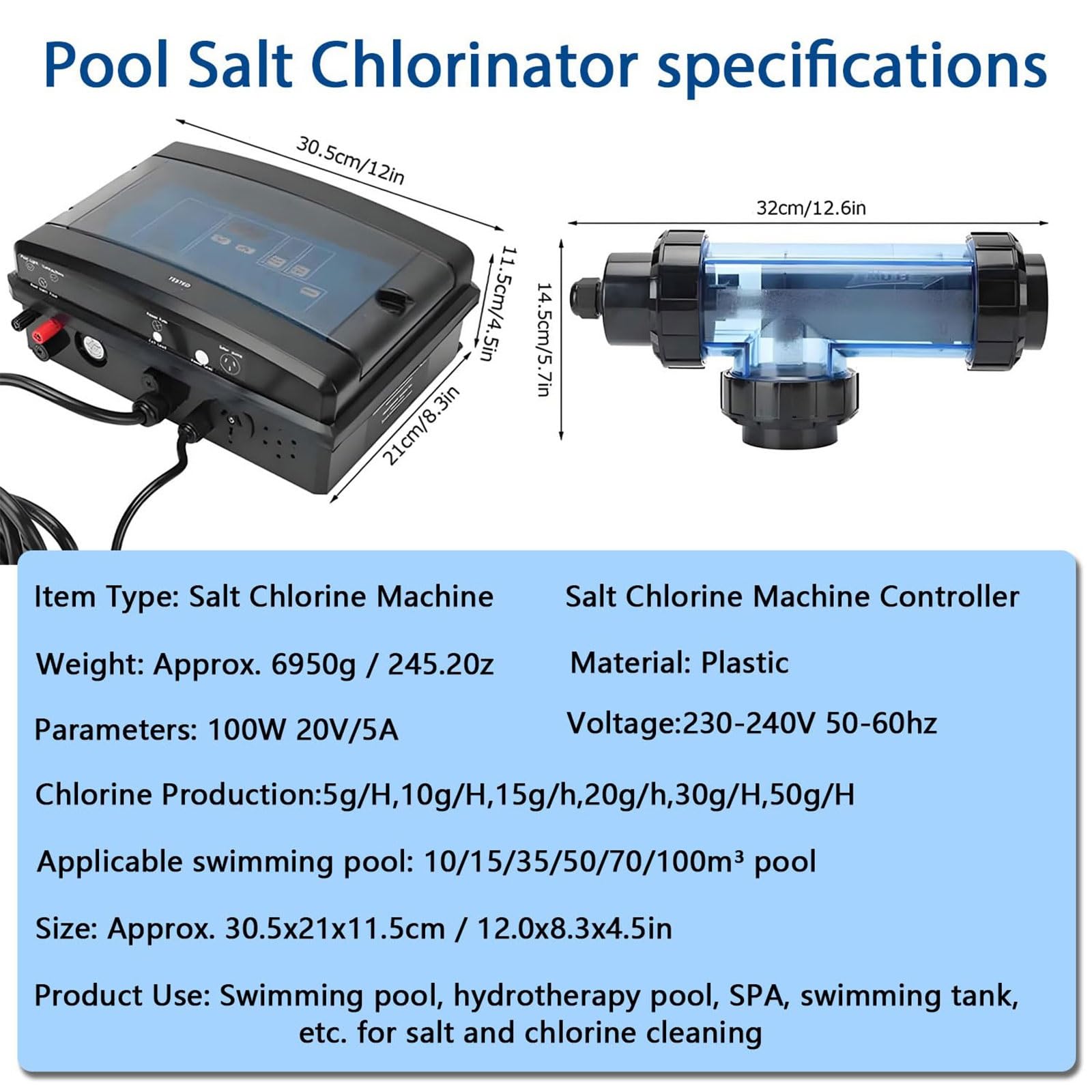 Clorador salino para piscinas, generador de cloro electrolítico para sistemas de agua salada, apto para piscinas de hasta 100 metros cúbicos, equipo eficiente de tratamiento de agua