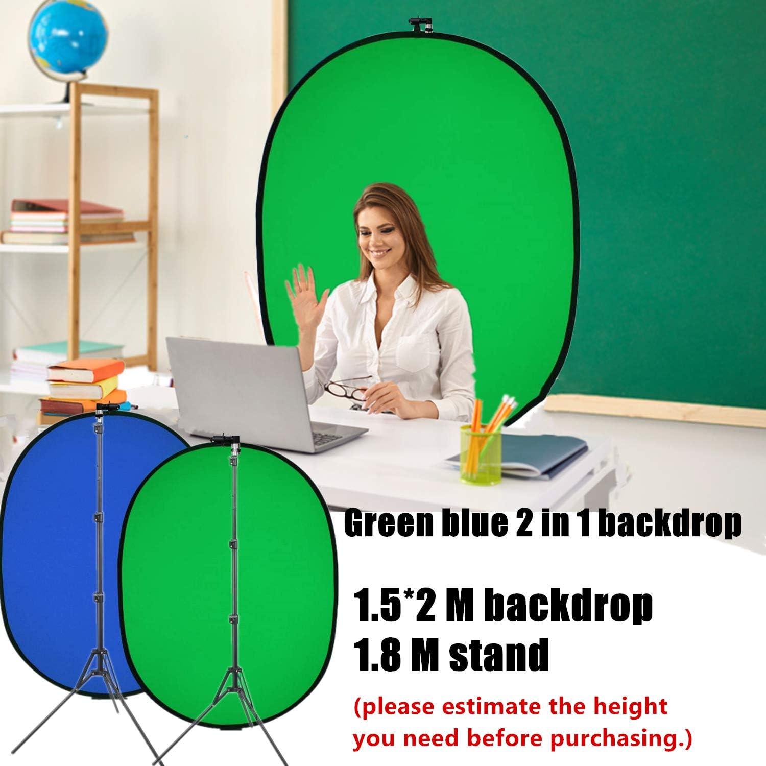 3.3'X5'Portable Green Screen Backdrop with 20’’-71’’ Adjustable Stand Blue and Green Pop Up Collapsible Green Screen Kit