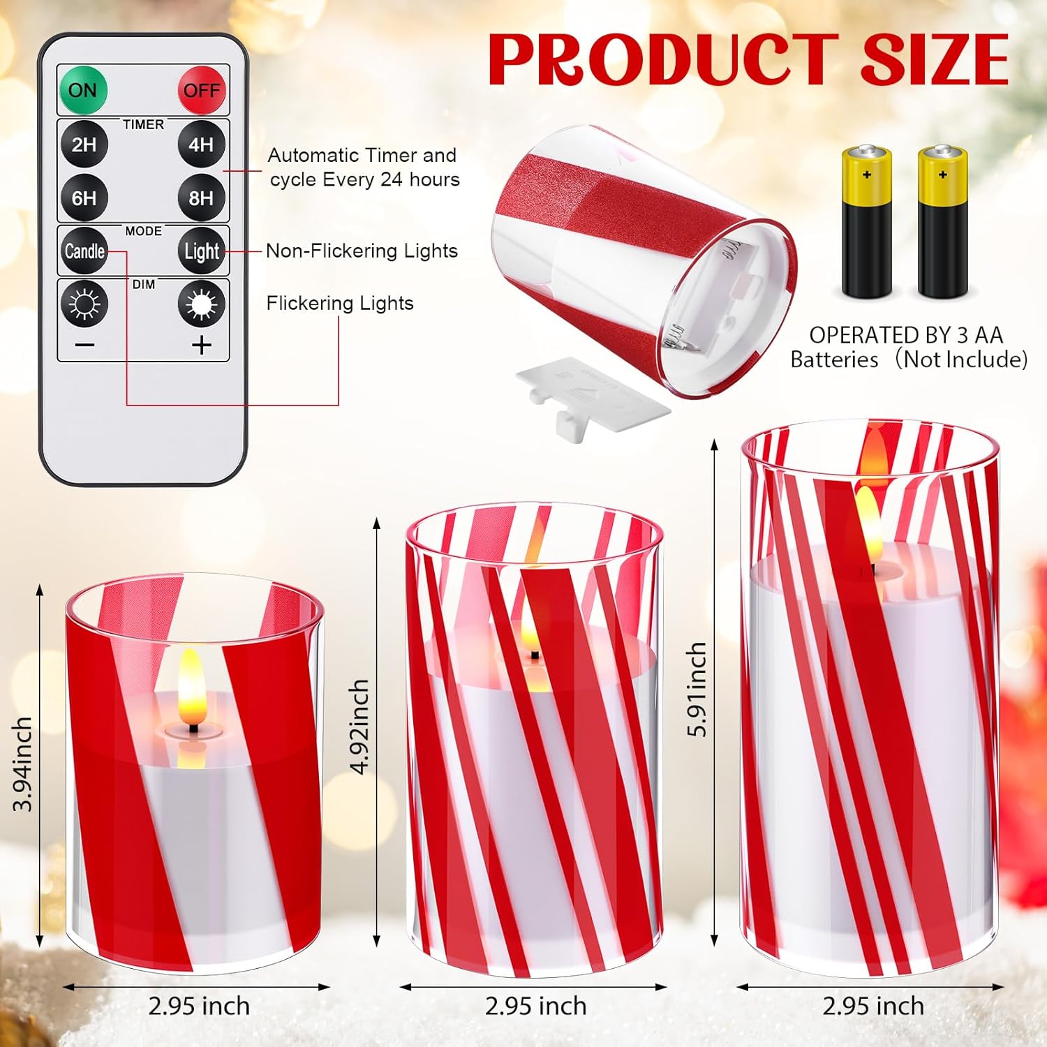 Glooglitter 3 Pcs Candy Cane Flameless Candles with Remote Timers Red Stripe Glass Candlestick Christmas Battery Operated Candles LED Flickering Candlestick for Christmas Party Home Decor