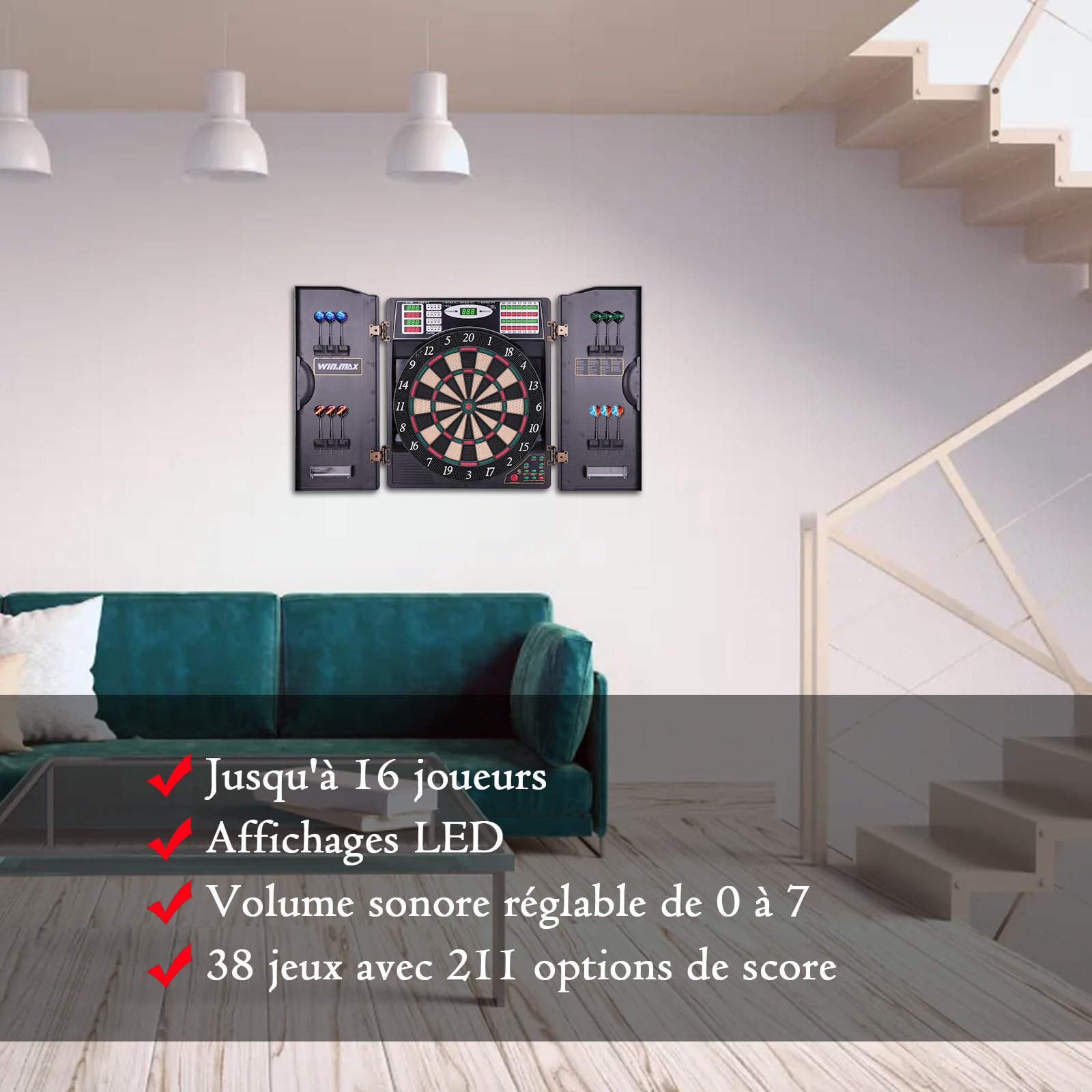 Cible de fléchettes électronique numérique LED pour Adultes avec Armoire et 12 fléchettes à Pointe Souple