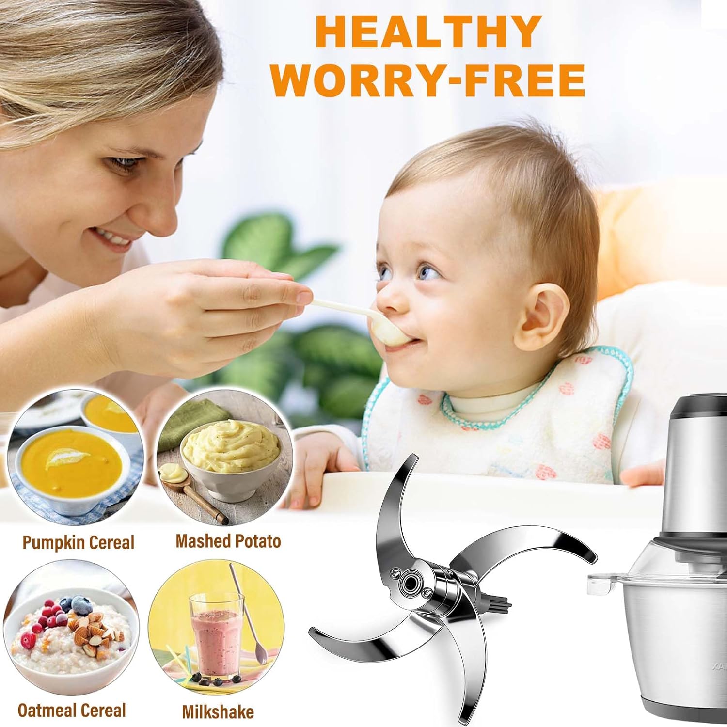 Stainless Steel Food Processor Blade, Plastic-Free & Self-Adjustable Height, 8 Cup/2L Chopping Blade Compatible with Ganiza, SPZTJK, BUMET, Syvio, Homeasy ect. Bi-Level Blades, Safer Baby Food Making