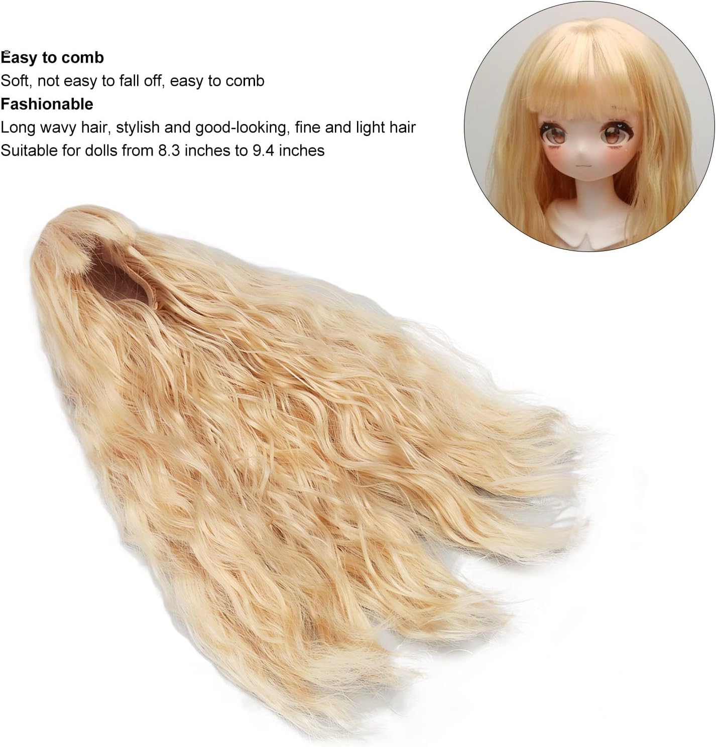 BJD Doll Wig, Long Curly Synthetic Hair Replacement with high Elasticity Inner mesh for 8.3 to 9.4 inch Dolls Peach Color Stylish DIY Accessory
