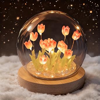 Lifnatty Tulips Gifts for Women Tulip Lamp with Glass Dome, Birthday Gift for Girlfriend, Wife, Mom, Battery Operated LED Flower Night Light for Bedroom, Home and Table Decor