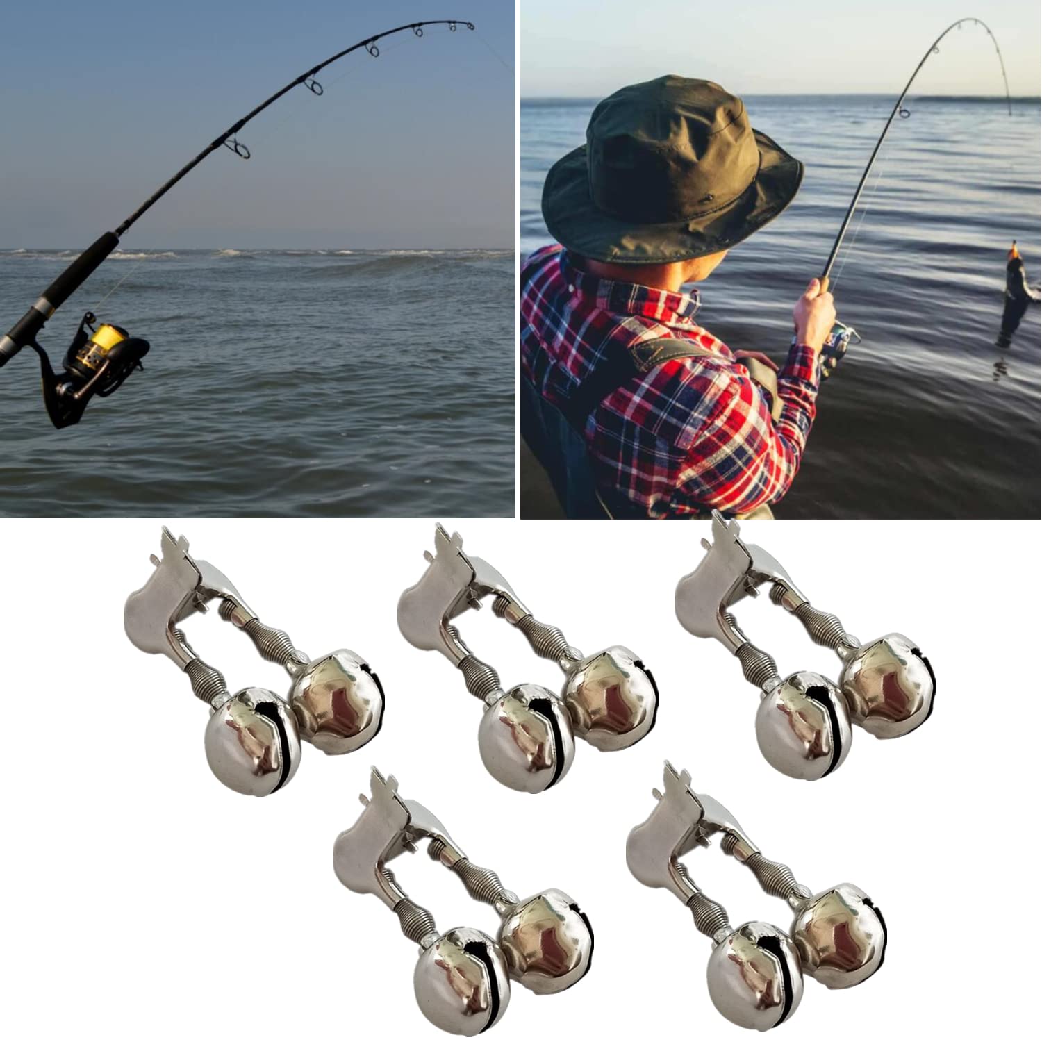 Lot de 5 cloches de pêche - Avec pince en spirale - Indicateur de touche - Pour la pêche en mer, la pêche en mer, la pêche de nuit