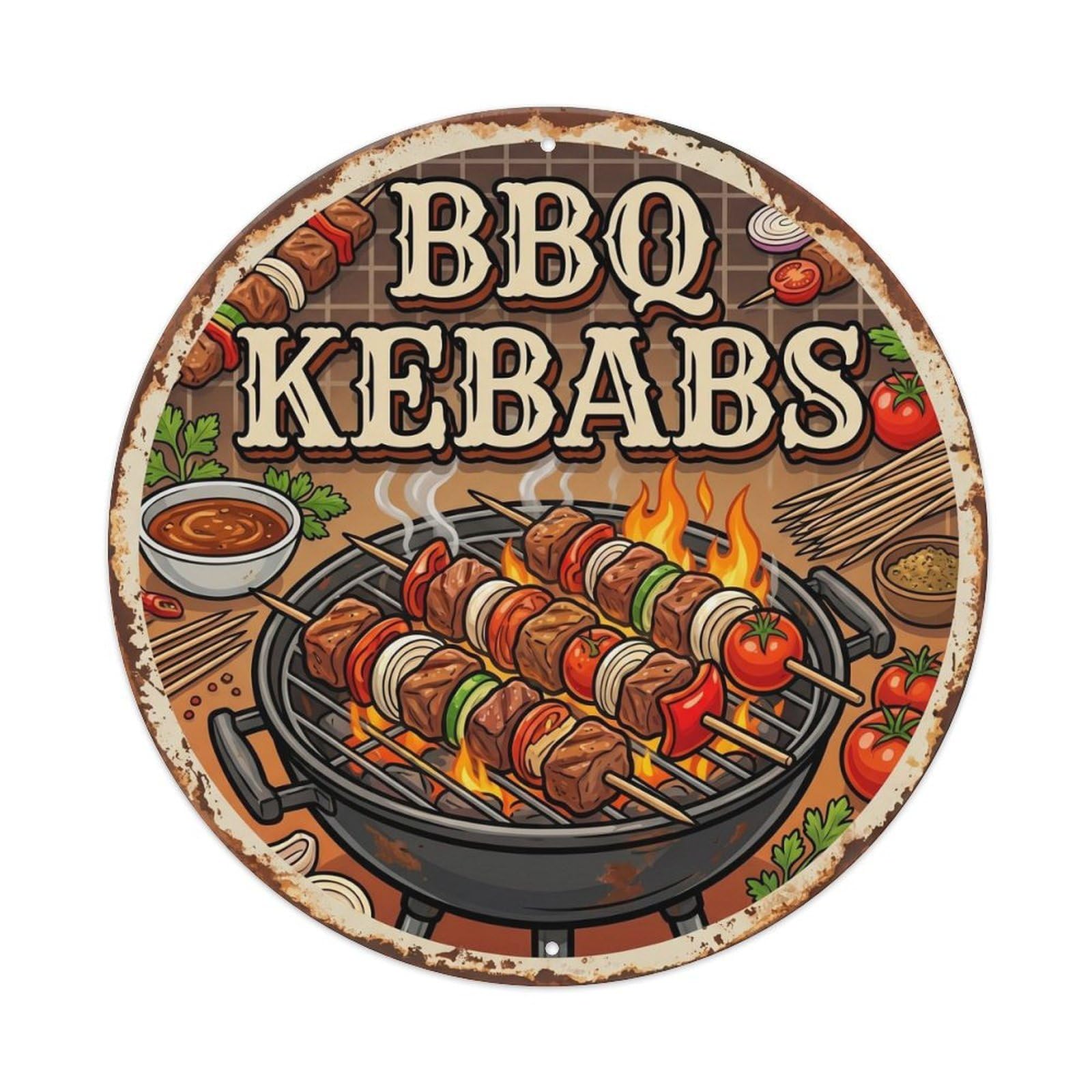 Yrnq Vintage Style-18 Vintage Bbq Barbecue Kebabs Artwork Metal Tin Sign Plaque Wall Decor For Cafe, Club, Garden Round Metal Poster 8X8inch