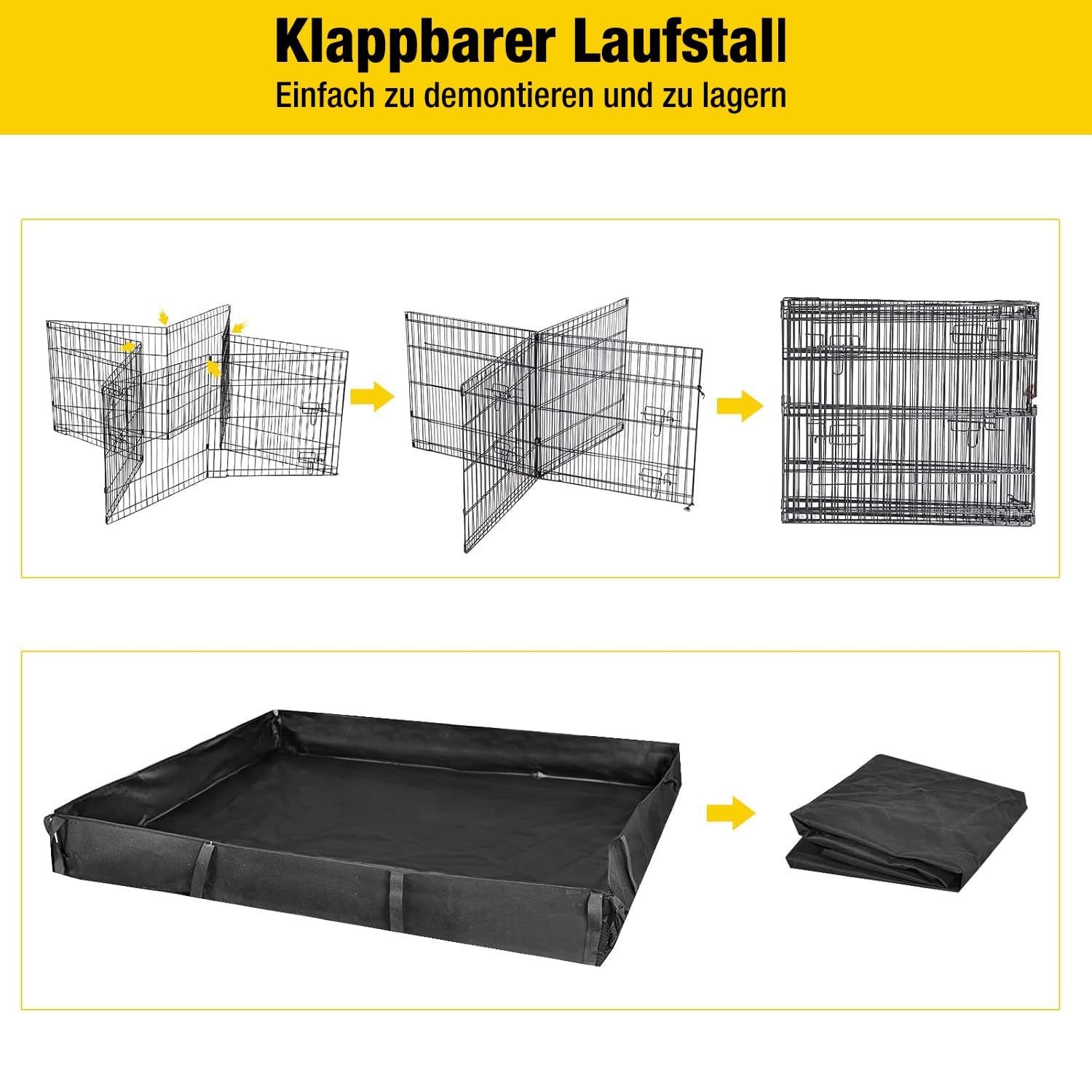 Aivituvin Laufstall für Kaninchen, Tierkäfig mit wasserdichter Auskleidung – Verlängerungs-Laufstall (Schwarz, Tiergehege)