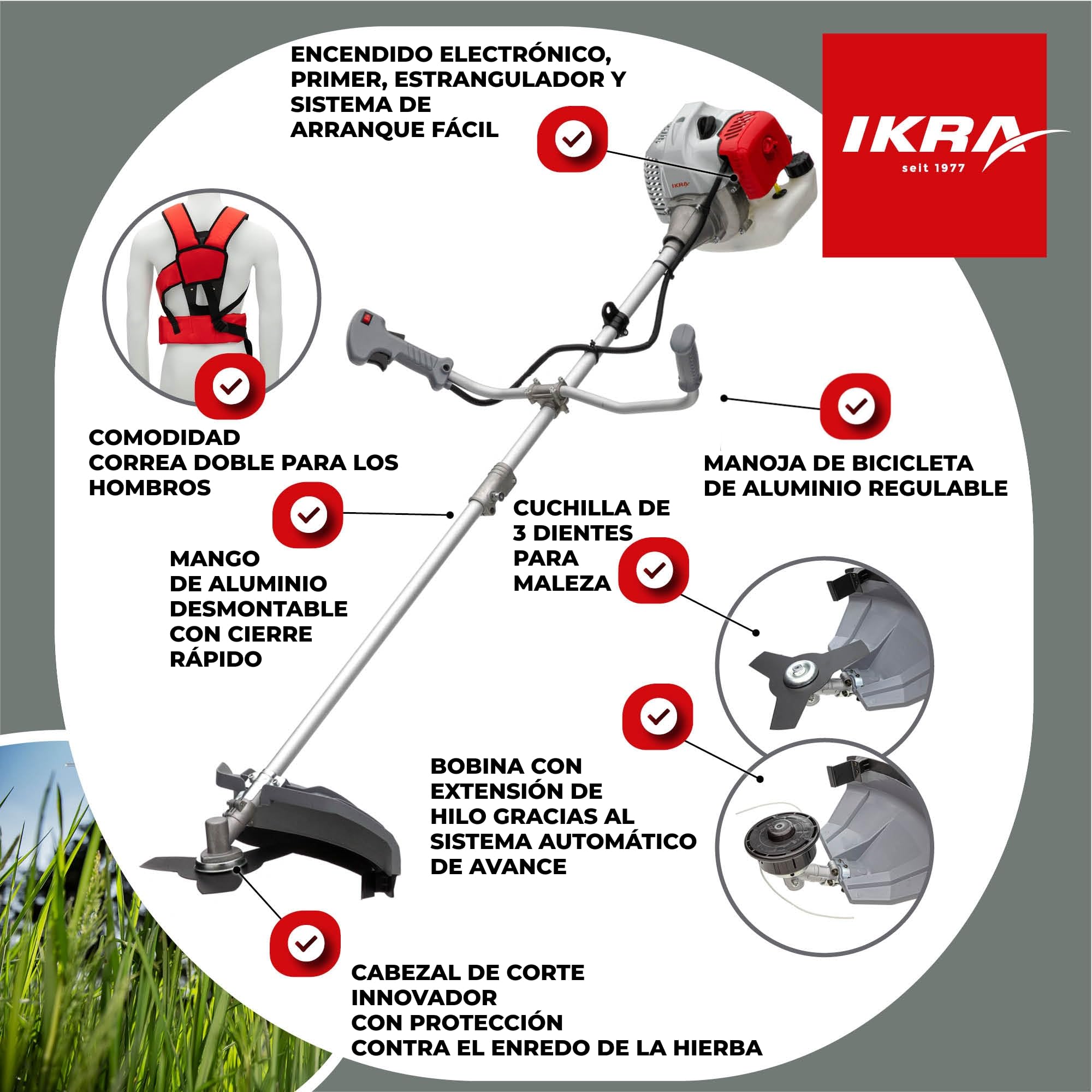IKRA desbrozadora de gasolina IBF 4342, incluye bobina y cuchilla | 42,7 cm³, 1,25 kW, motor de 2 tiempos, sistema de arranque fácil, empuñadura tipo bicicleta, mango de aluminio divisible
