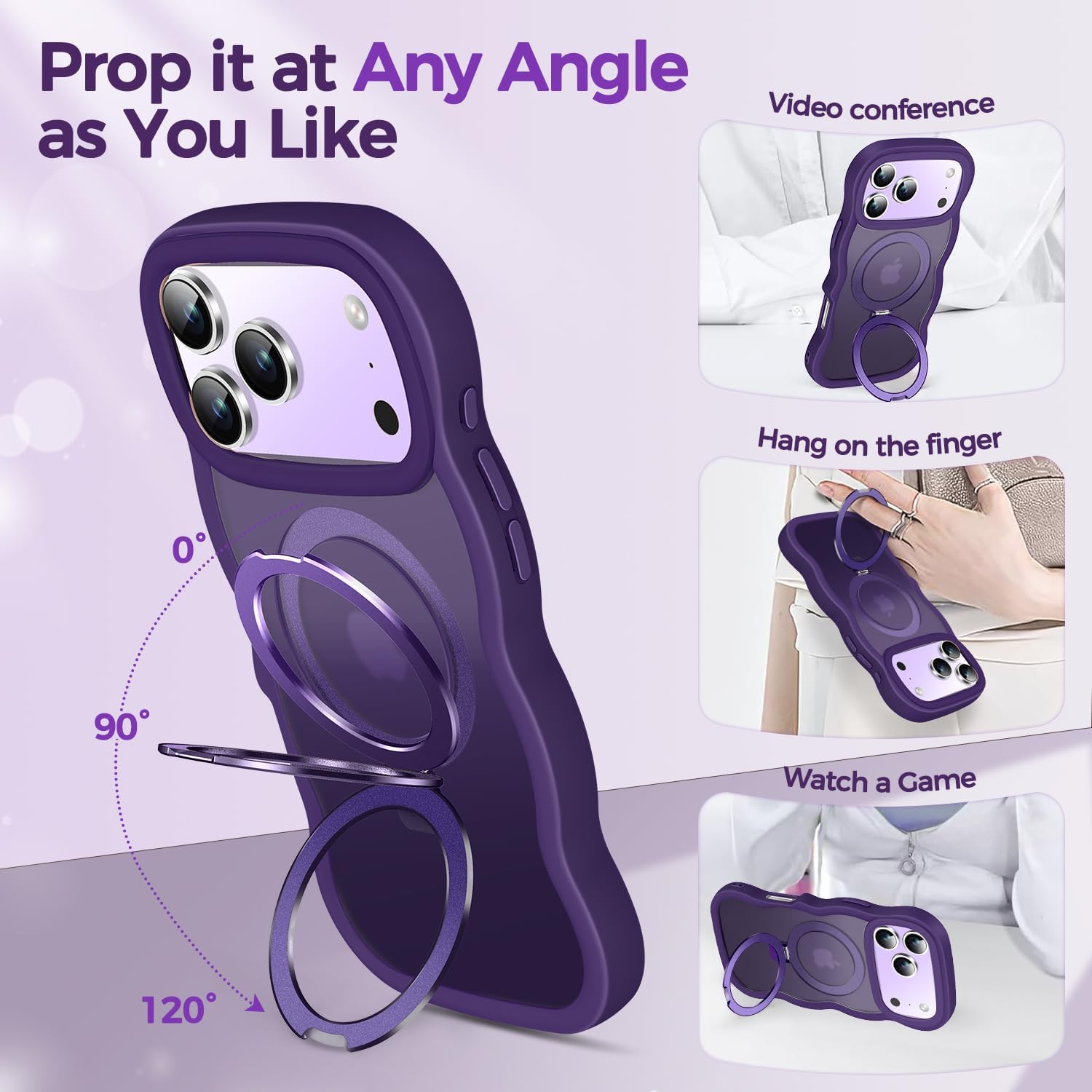 [Cute Wave Frame+Mag Stand] Designed for iPhone 17 Pro Max Case, [Fit for MagSafe] Translucent Silicone Protective Magnetic Ring Phone Case Cover for iPhone 17 Promax 6.9 inch Men Women, Purple - Image 2