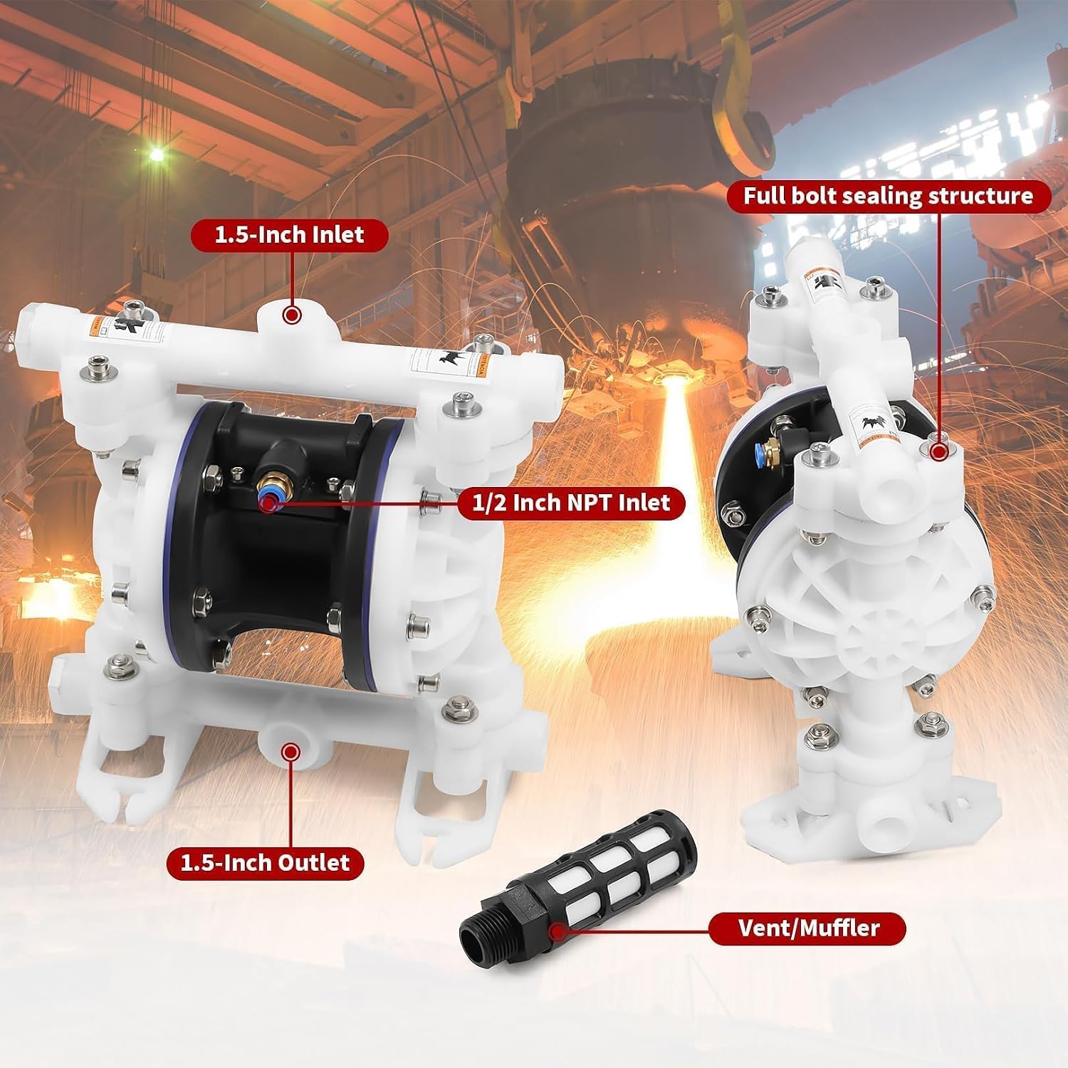 Nakkaa Pneumatic Double Diaphragm Pump PTFE 35GPM Transfer Pump 1.5" In/Out Max 120PSI, Used to Transport Various Low Viscosity Liquids Such as Hydraulic Fluid, diesel, coating, etc