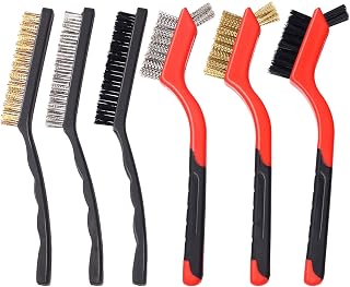 Glarks 6Pcs 9" and 7" Wire Brush Set, Nylon/Brass/Stainless Steel Bristles Brushes with Curved Handle Grip for Deep Cleaning and Removing Welding Slag, Rust Stains, Dirt, Paint Scrubbing