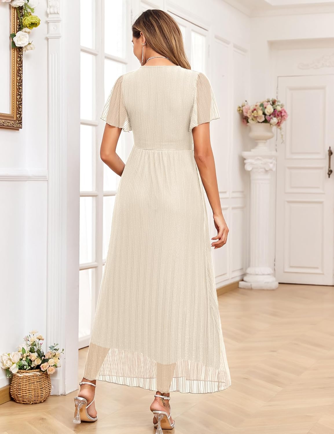 Maternity Sparkly Mesh Maxi Dress Ruffle Sleeve Wrap V Neck Flowy Pregnancy Dresses Baby Shower Photoshoot Formal