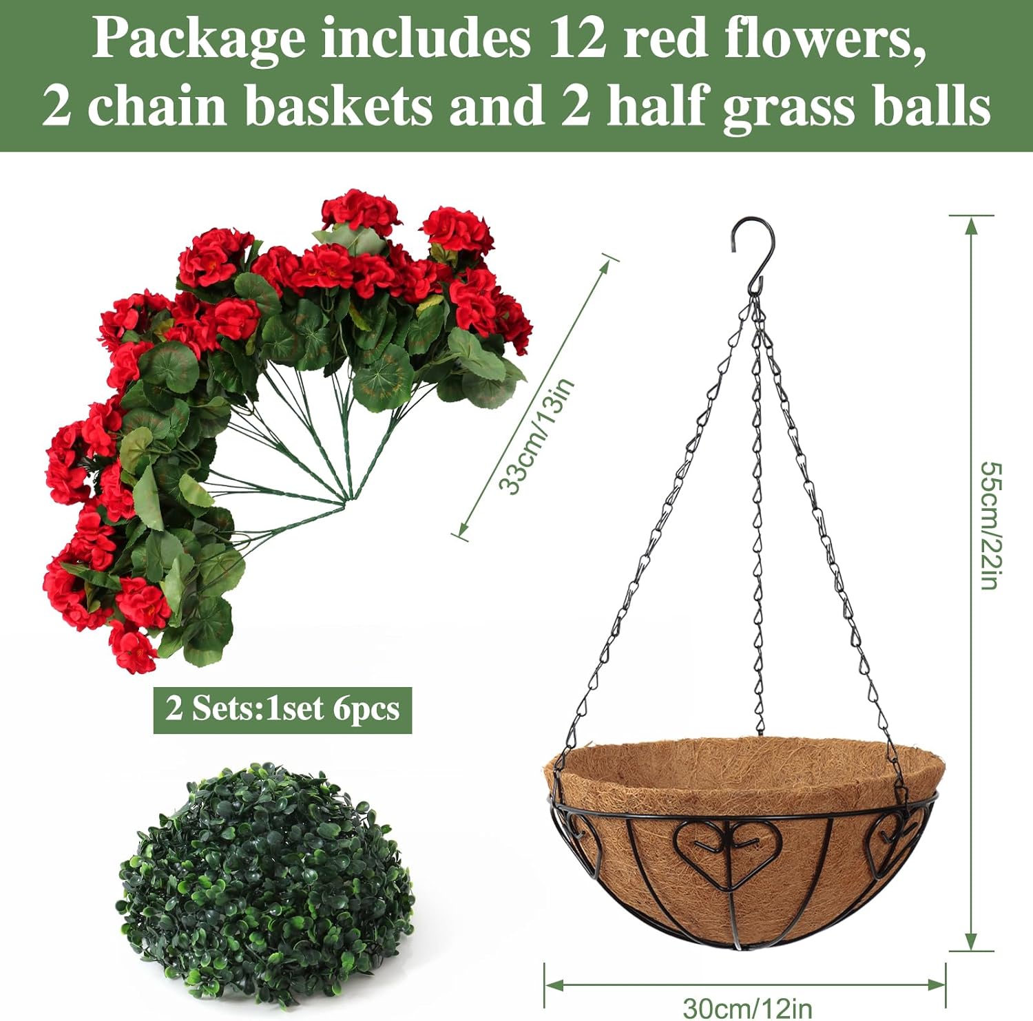 KHOYIME Artificial Hanging Flowers Plants Basket for Outdoors Indoor 2 Set Faux Silk Red Geraniums Fake Planters Realistic UV Resistant Spring Summer Home Outside Garden Porch Patio Balcony Yard Decor - Image 3