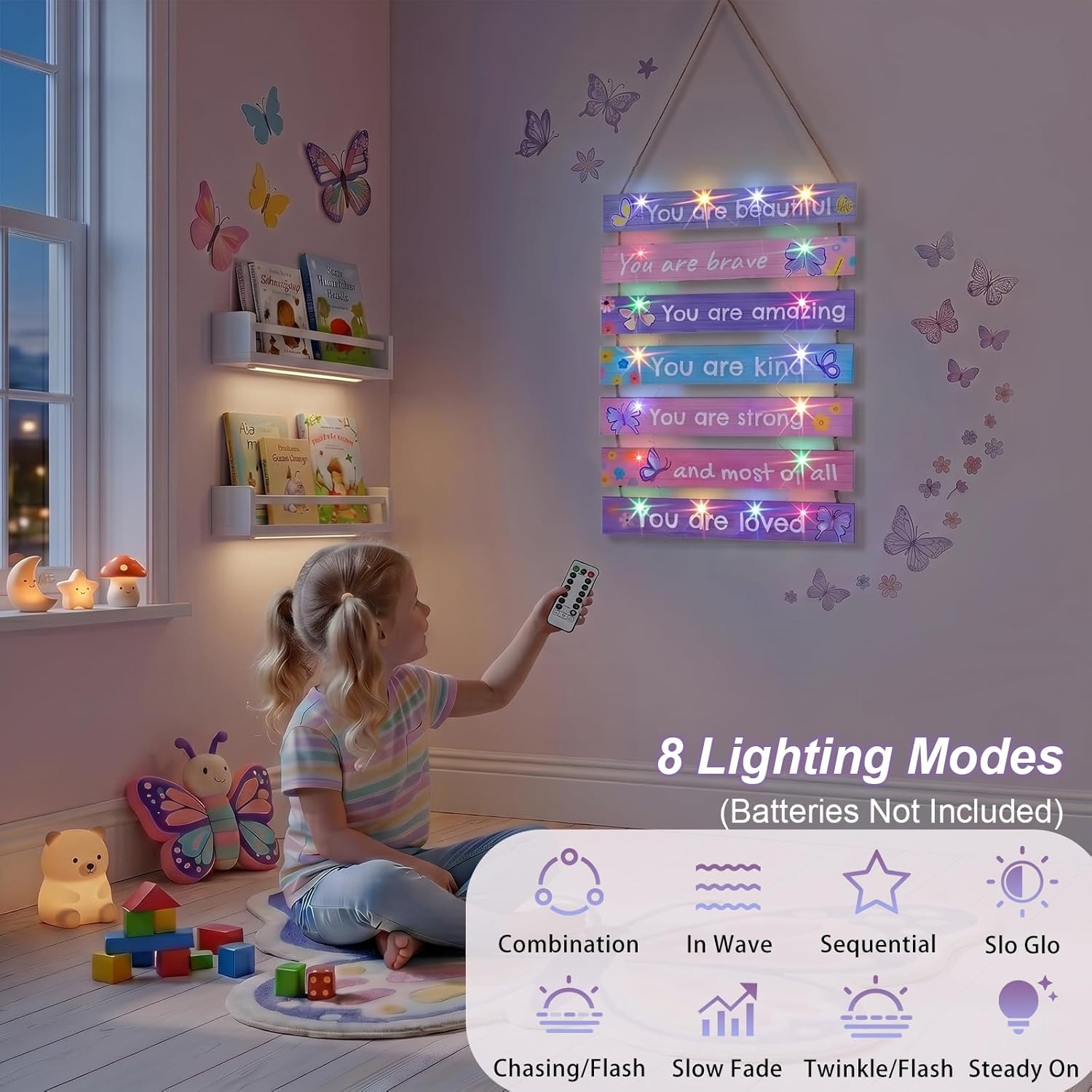 FIOBEE Girls Room Décor for Teen Girls Boys with LED Light Wall Decor for Bedroom Motivational Inspirational Wall Art Girl Room Decoration for Kids Studyroom, 8 Kinds of Lights, Purple Butterfly