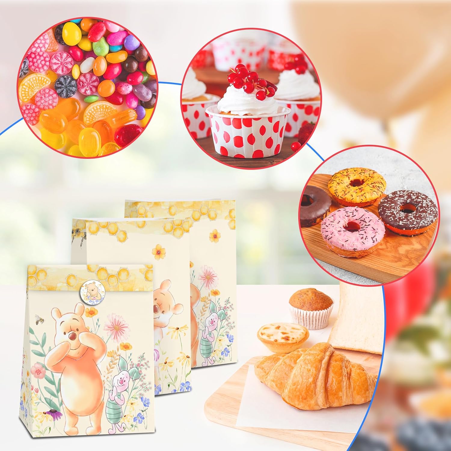 wjrsxilt 24pcs Winnie Goodie Bag for Birthday Party Decorations,Honey Bear Party Gift Bags Paper Lunch Bags for the Pooh Baby Shower Wedding Bread Cookie Snack Thank You Gift Wrapping Bag image 4