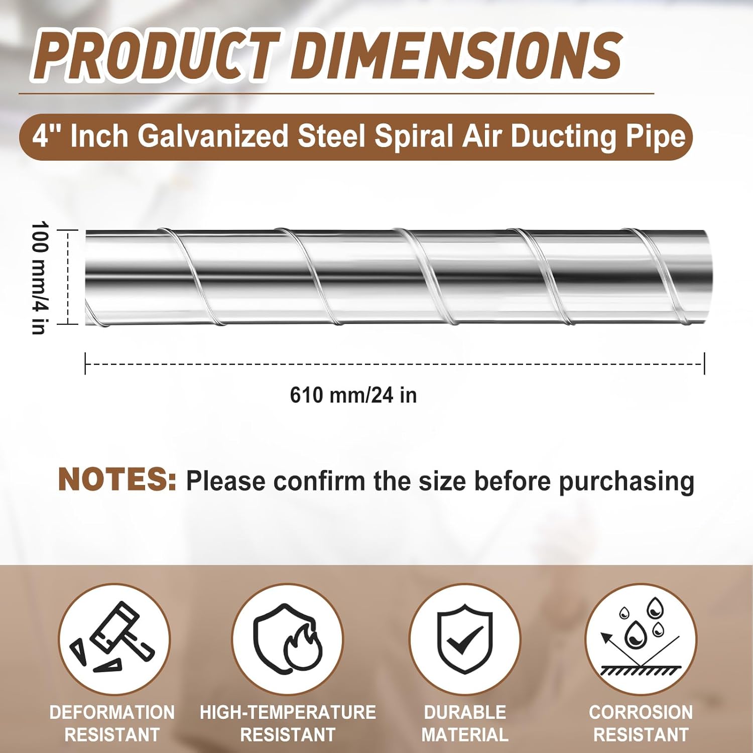 Blulu 1 Pcs 4'' Inch Round Spiral Air Duct 24 Inch Long Threaded Metal Duct Galvanized Steel Dryer Vent Hose Extension for Home Industrial 1 24 Inch Long