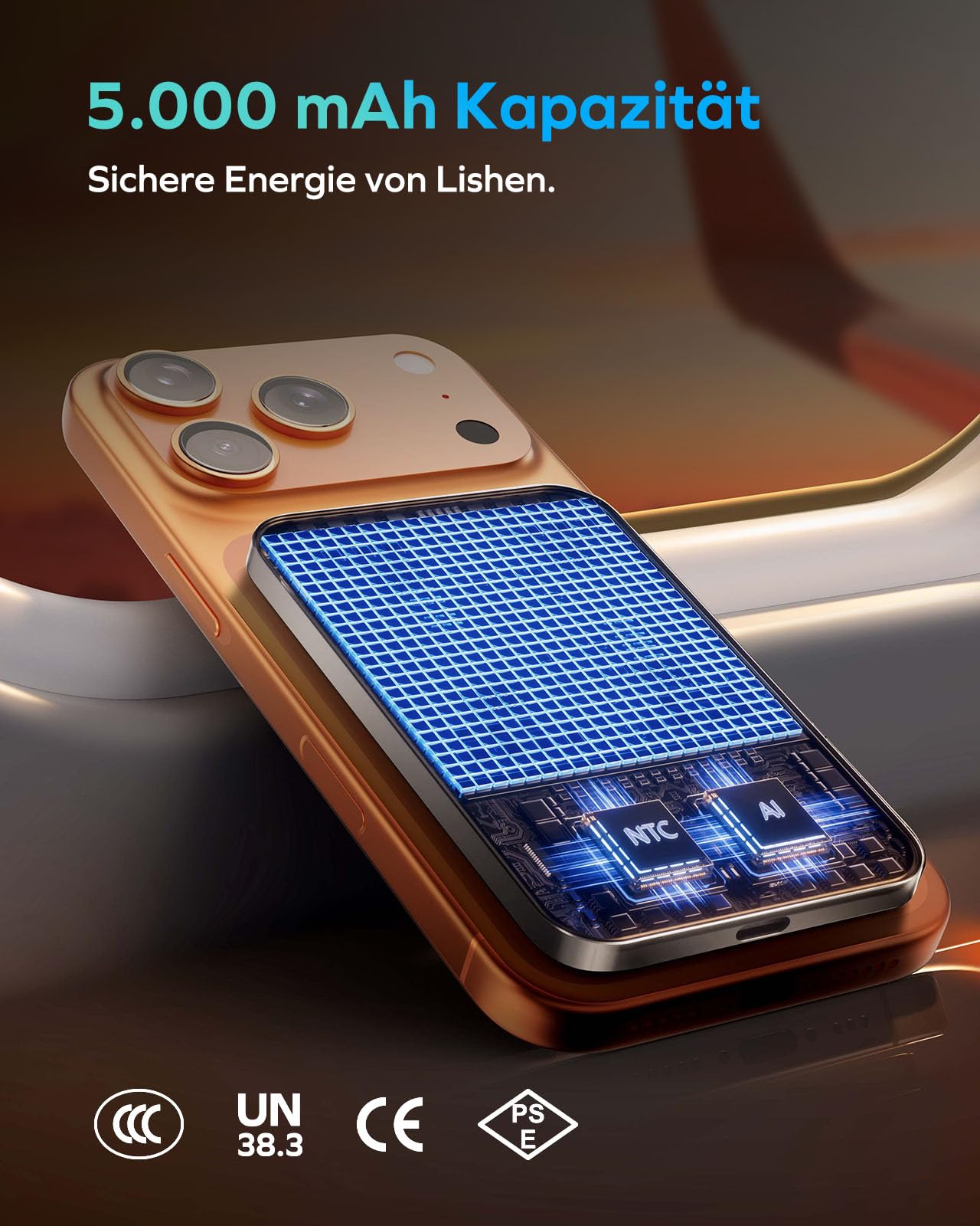 MOMAX Qi2 MagSafe Powerbank 5000mAh, ultradünne kabellose Powerbank mit 15W Schnellladung & Niedrigtemperatur-Technik, 118g leicht, USB-C, für iPhone/Android, Titan