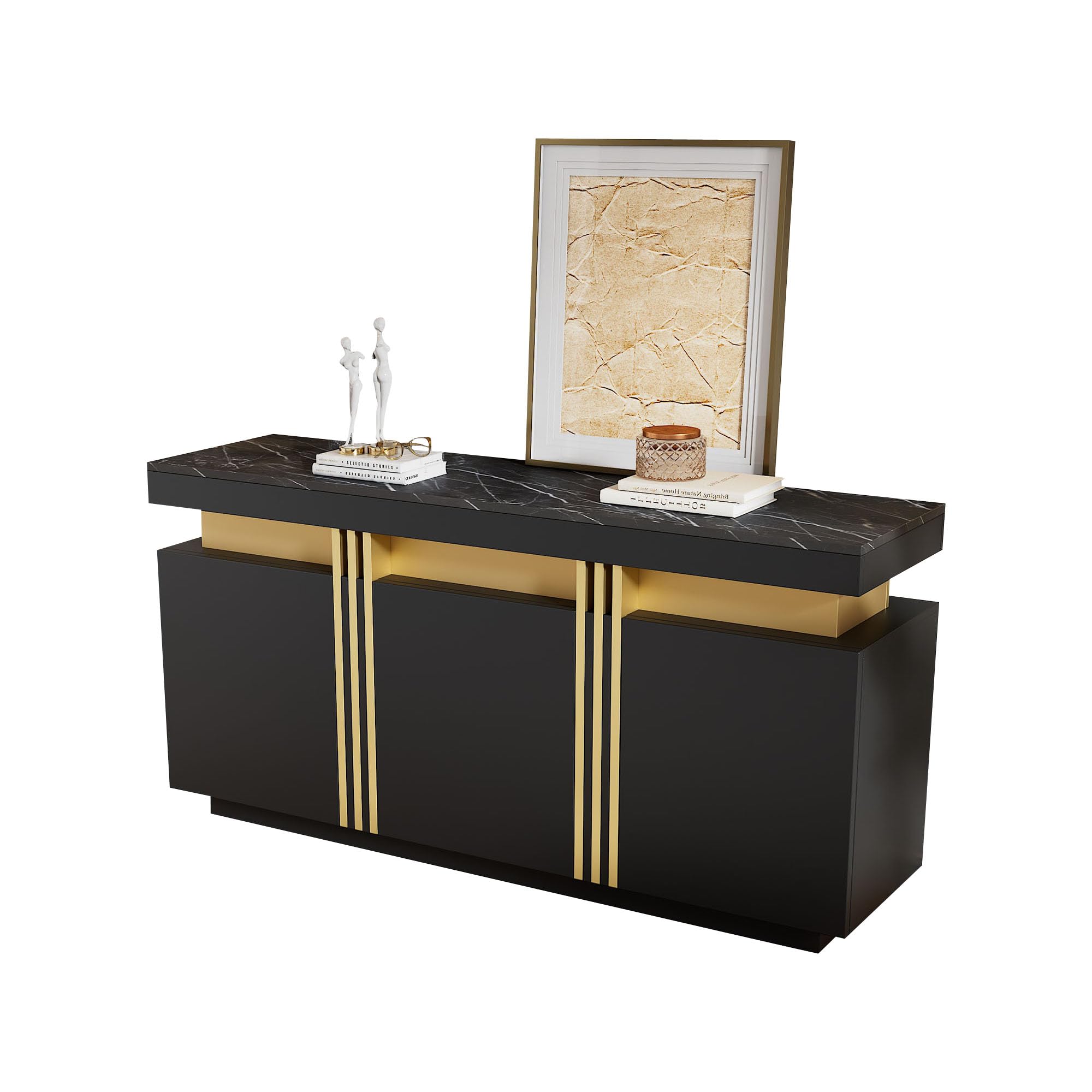 Merax Sideboard, Küchenschrank, Aufbewahrungsschrank mit 3 Türen, Moderne Buffetschrank mit Arbeitsplatte, Verstellbares Regal, Esszimmerschrank für Wohnzimmer, Esszimmer, Flur, Marmoroptik, Schwarz