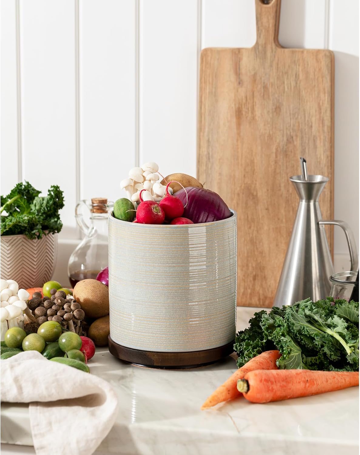 Utensil Holder, 360° Rotating Extra Large Ceramic Kitchen Utensil Holder for Countertop, 7.3" Cooking Utensil Crocks with Rotatable Wooden Base, Farmhouse Decor, Dusty Gray