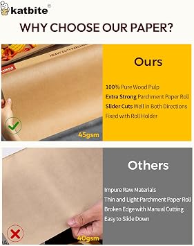 Unbleached Parchment Paper Roll for Baking 12in x 262ft, 260 Sq.Ft, Heavy Duty & Non-stick Baking Paper with Slide Cutter, Brown Parchment Paper for Cooking, Air Fryer, Steaming, Bread