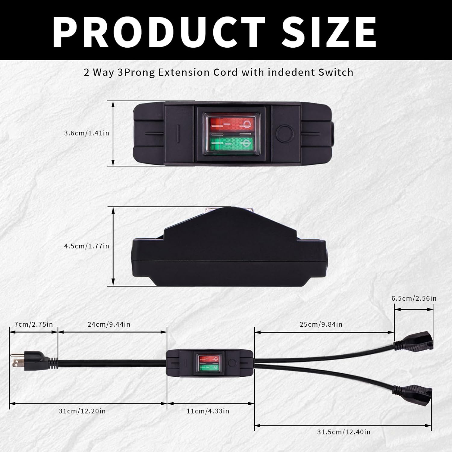 2.4Ft 3 Prong Extension Cord with Switch Power Cord 18AWG 2 Way Heavy Duty Plug Splitter 10A/125V/1250W